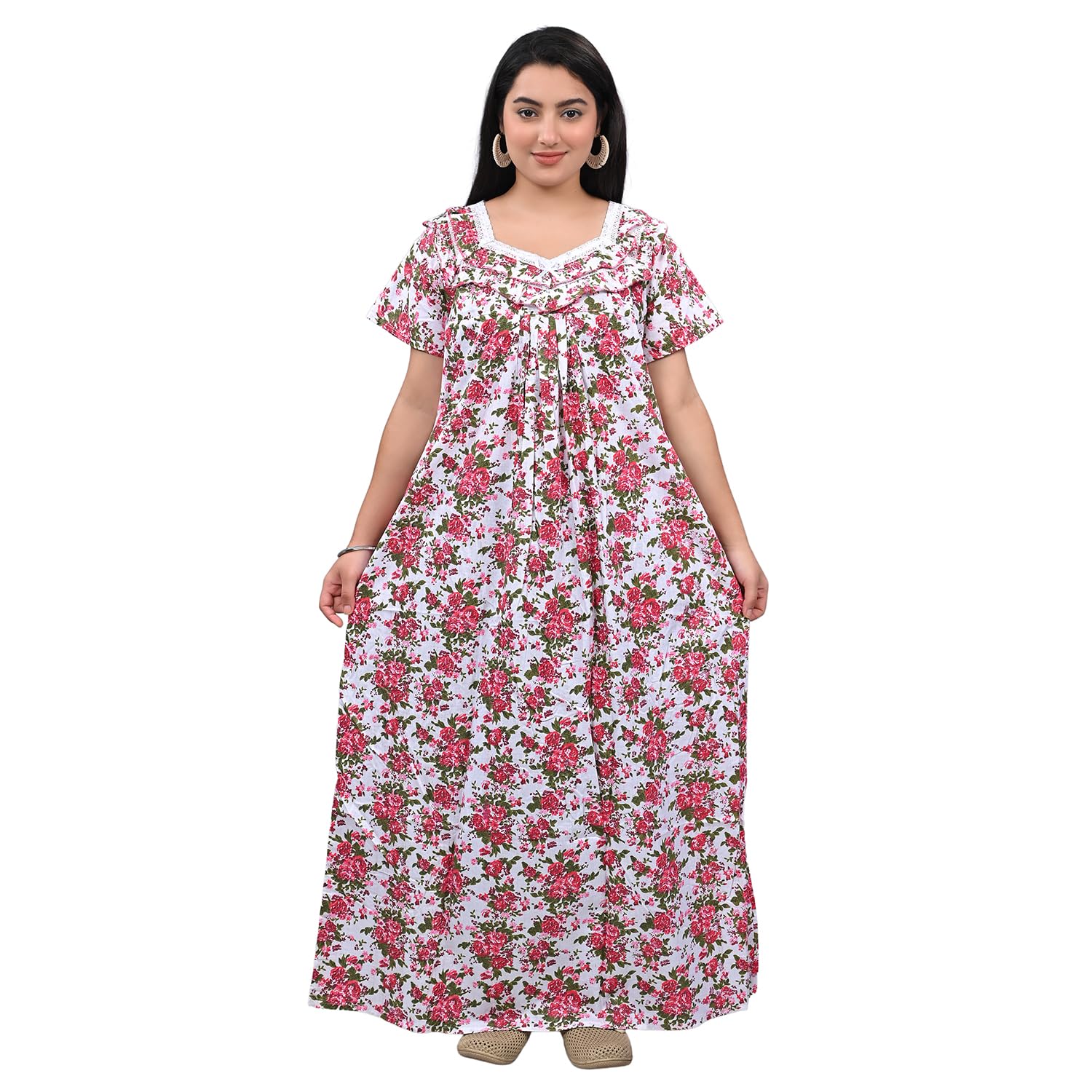 kolhua Woman Cotton White Based Printed Nighty/Nightgown/White Maxi/Nihgtwear-picture-10
