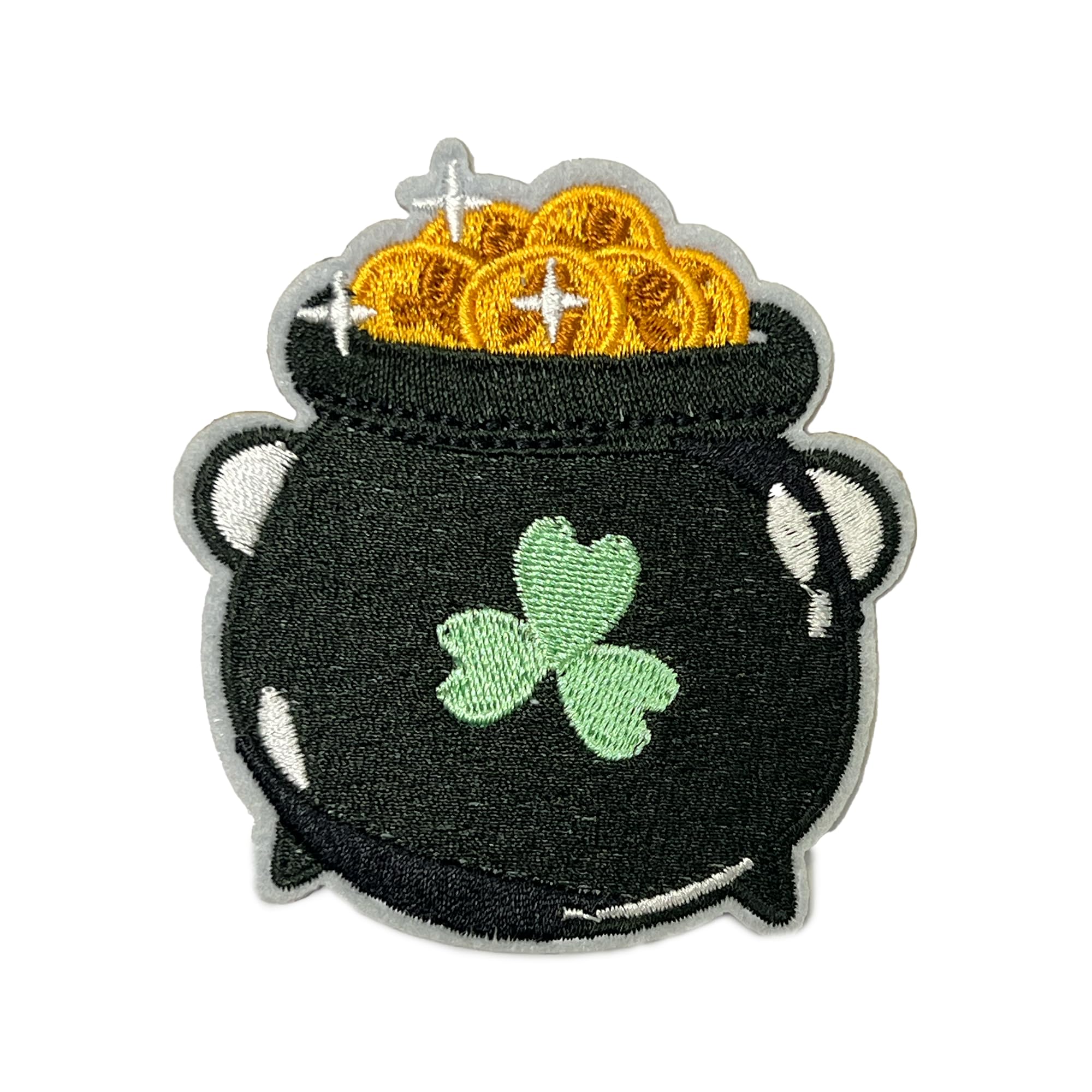 Lucky Irish Pot of Gold with Shamrock – Iron On Embroidery Patch (8 x 7cm)