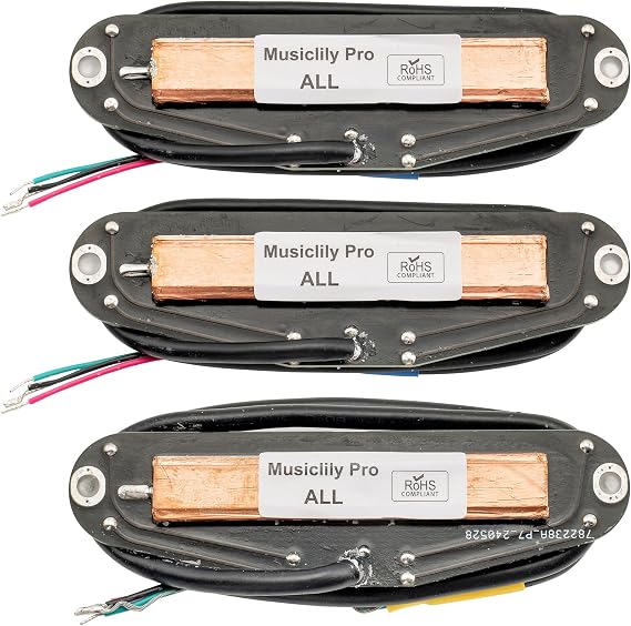 Musiclily Pro ST-DPHC Ceramic Dual Single Coil Sized Humbucker Super Distortion Neck Middle Bridge Pickups Set for Strat Style Electric Guitar, White Body Chrome Rail