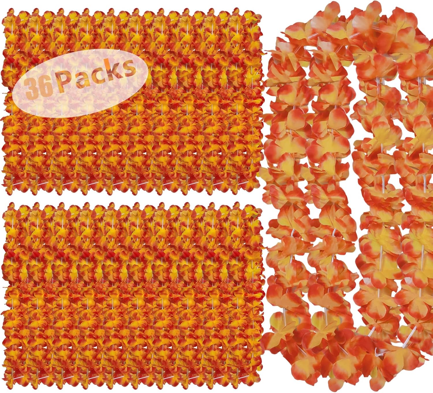 Leis for Luau Party, 36 Count | Thick and Lush Flower Hawaiian Leis Bulk, Graduations, Birthdays, and Beach Weddings | Tropical Party Decorations, Hula Dance Accessories (36PCS Orange)