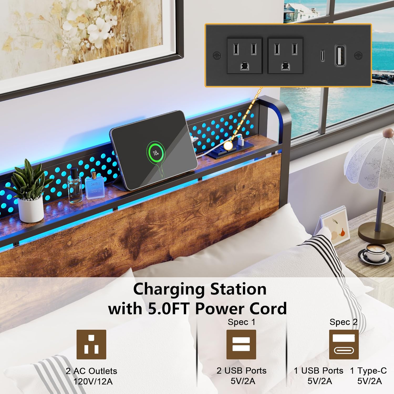 Furnulem Full Size Bed Frame with Storage Headboard, Industrial Platform Bed with Charging Station and LED Lights, Heavy Duty Metal Slats, No Box Spring Need, Noise Free