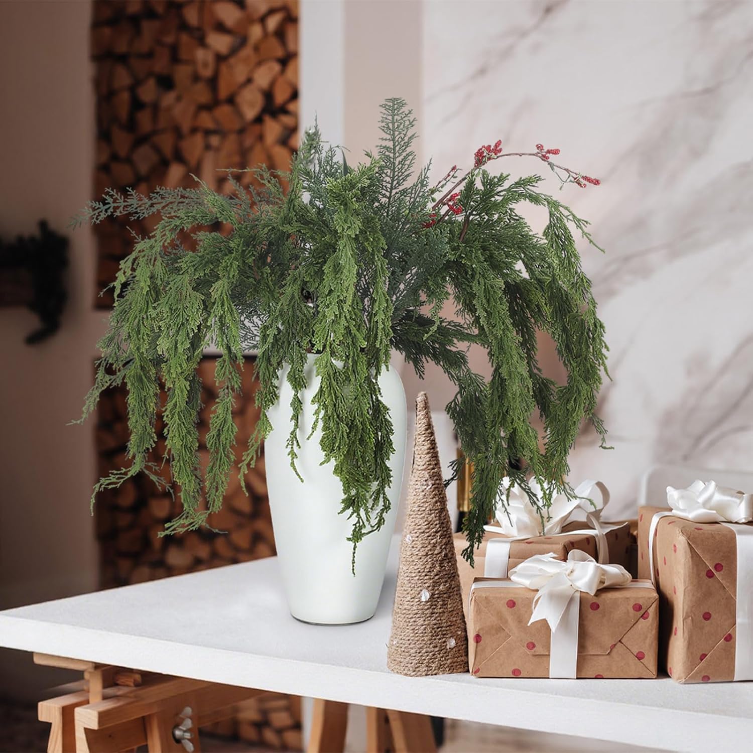 Jutom 6 Pcs Christmas Cedar Pine Branches - 35.4'' Artificial Greenery Cedar Stems Christmas Faux Lifelike Pine Picks for Vase DIY Crafts Xmas Wreath Garland Indoor & Outdoor Home Decoration