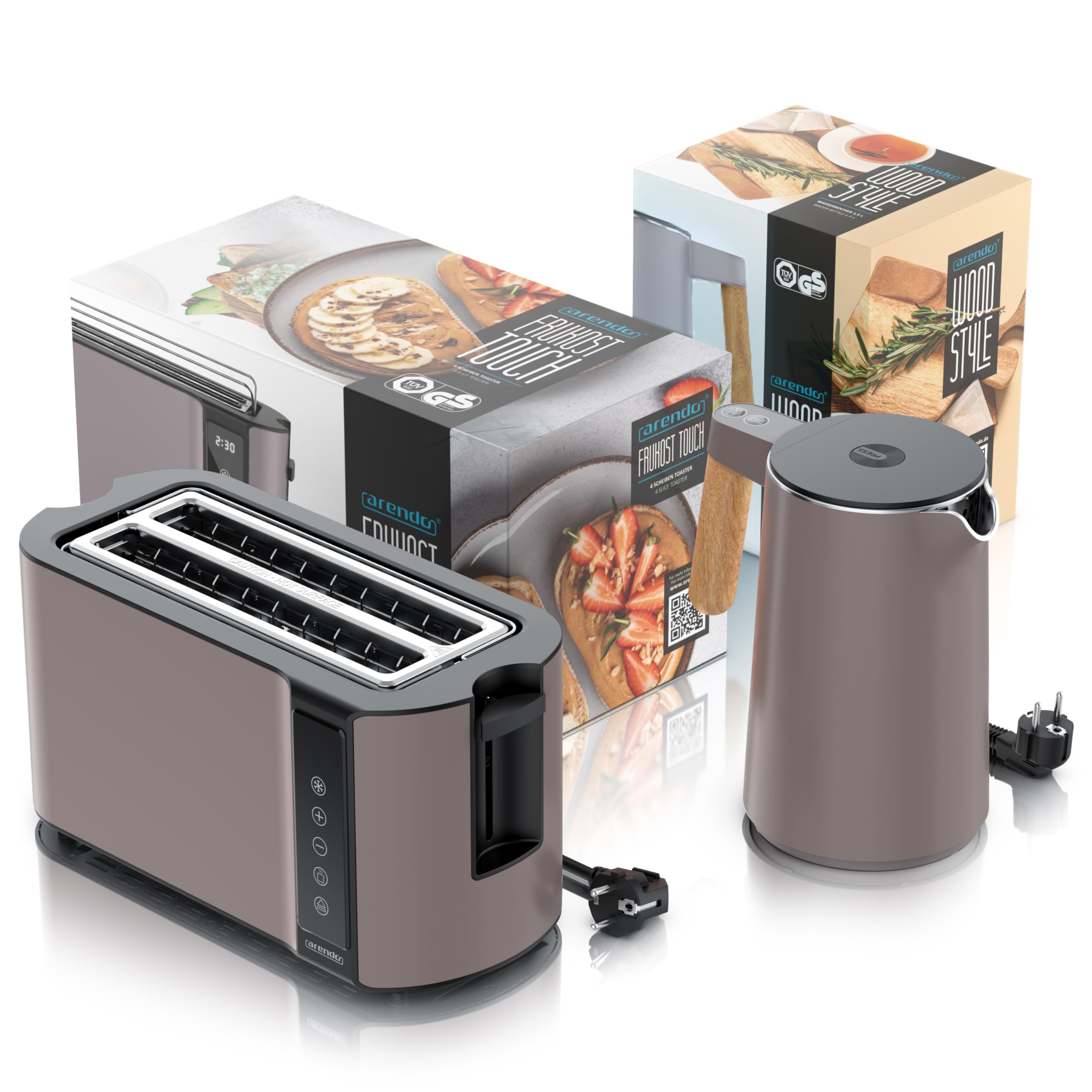 Arendo Küchen Set Edelstahl Wasserkocher Temperatureinstellung Toaster Langschlitz 4 Scheiben Touchpanel LED Display