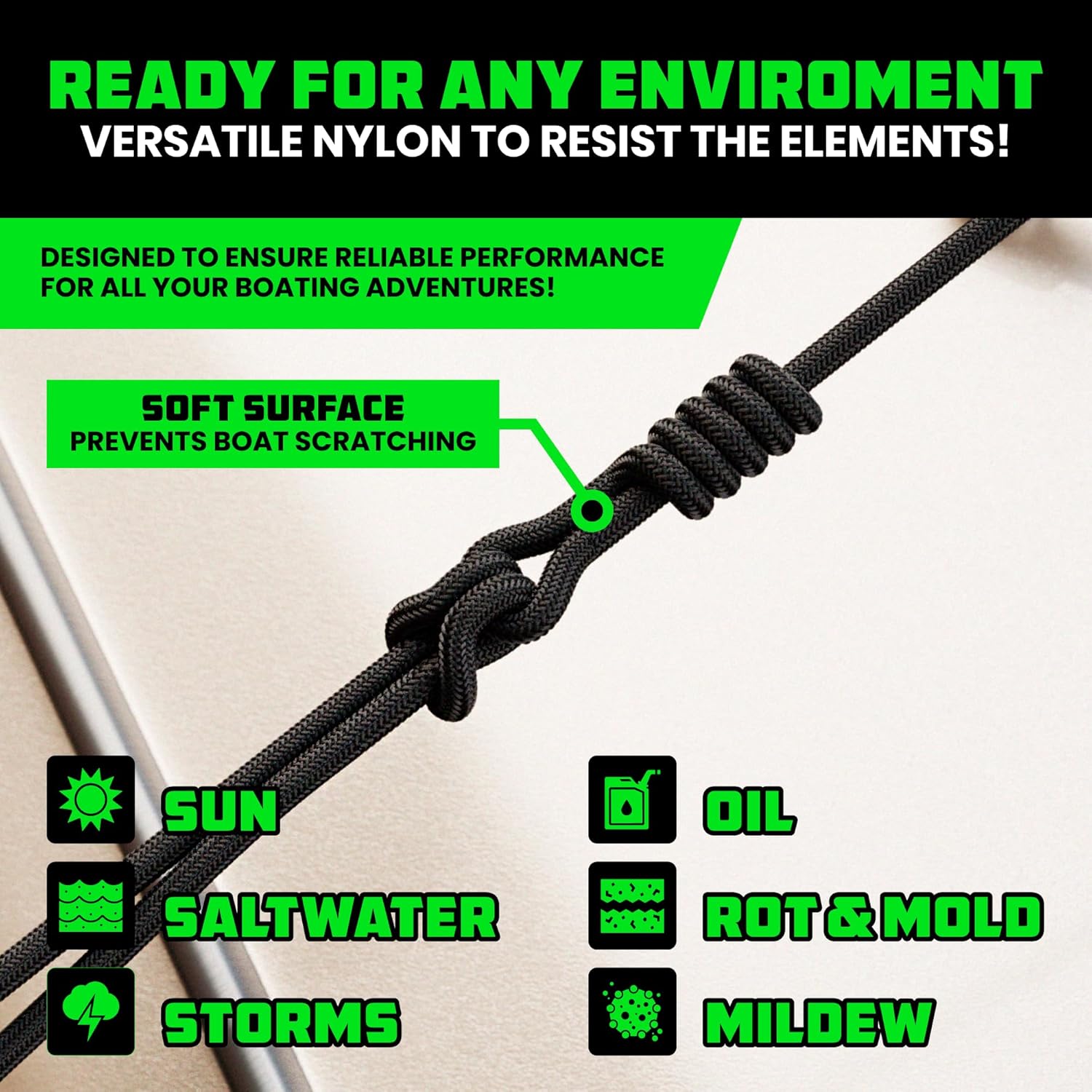 Rhino USA 1/2" x 16' Dock Lines - Heavy Duty Marine Grade Rope for Boats, Kayaks, Pontoons, Fishing and More! Ultimate Boating Accessory - Black