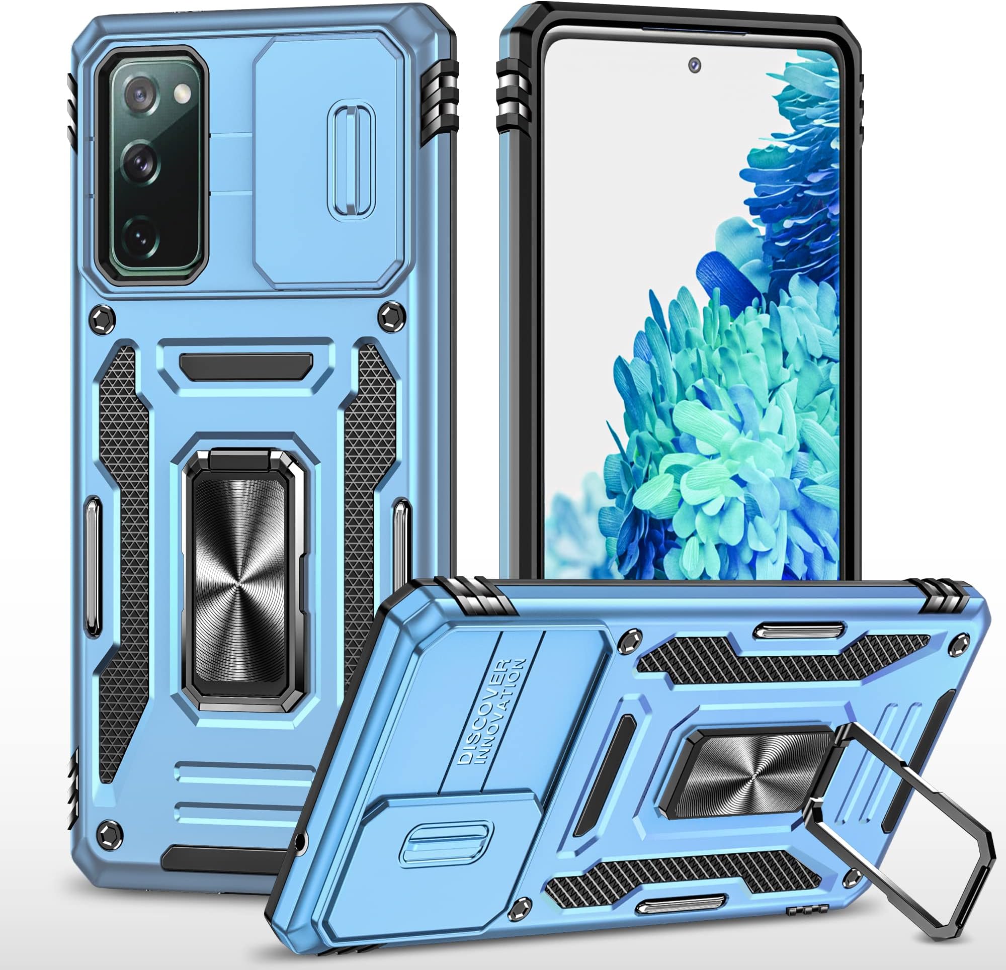 Slide Camera Case for Samsung Galaxy S20 FE / S20 FE 5G,Kickstand with Built-in 360° Rotate Magnetic Ring Stand Shockproof Protective Armor Cover,Sky Blue