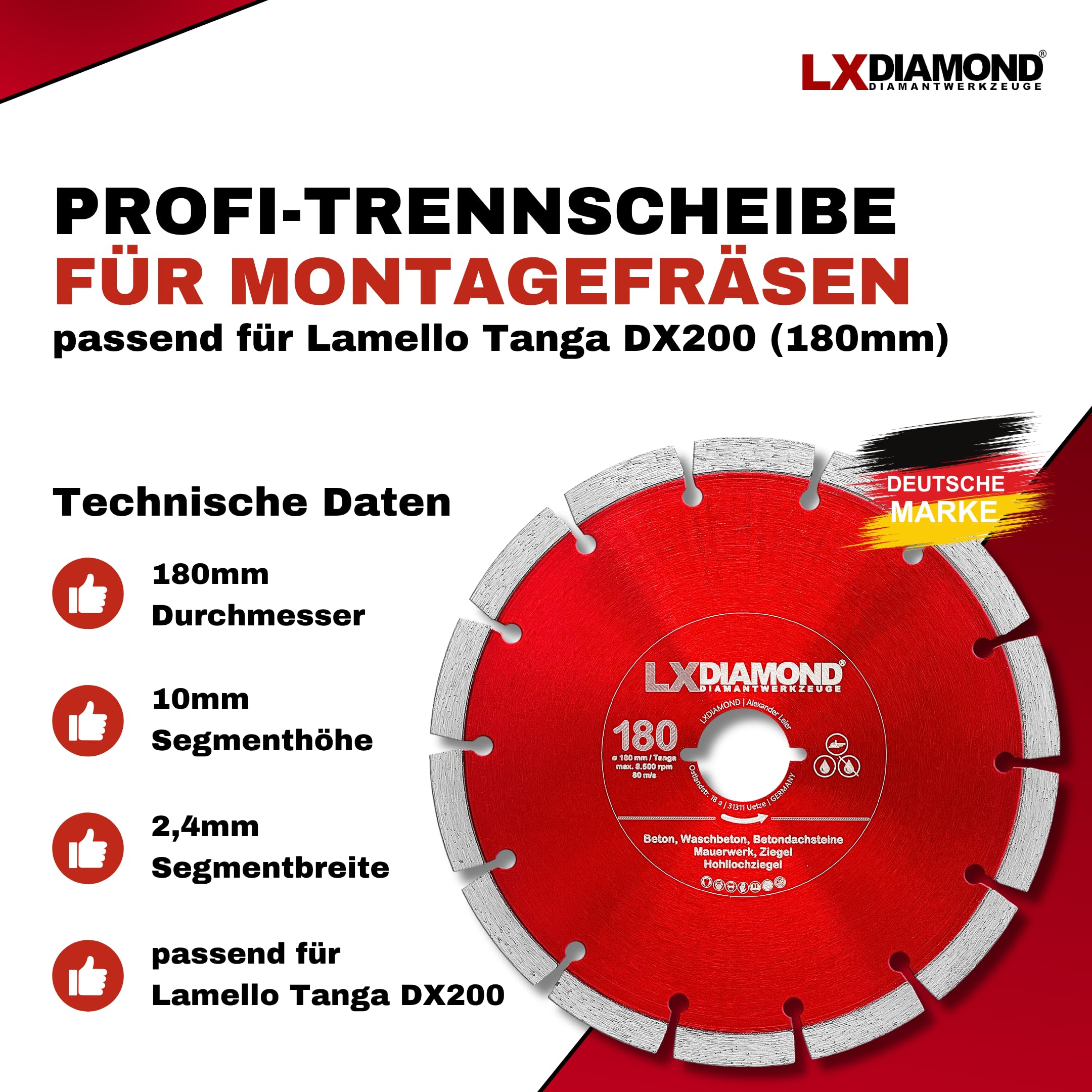 3x Diamant-Trennscheibe 180mm - kompatibel mit Lamello Tanga DX200 Fensterfräse Montagefräse - Diamantscheibe für Beton Mauerwerk Ziegel Stein Universal - 180 mm in Profi Qualität