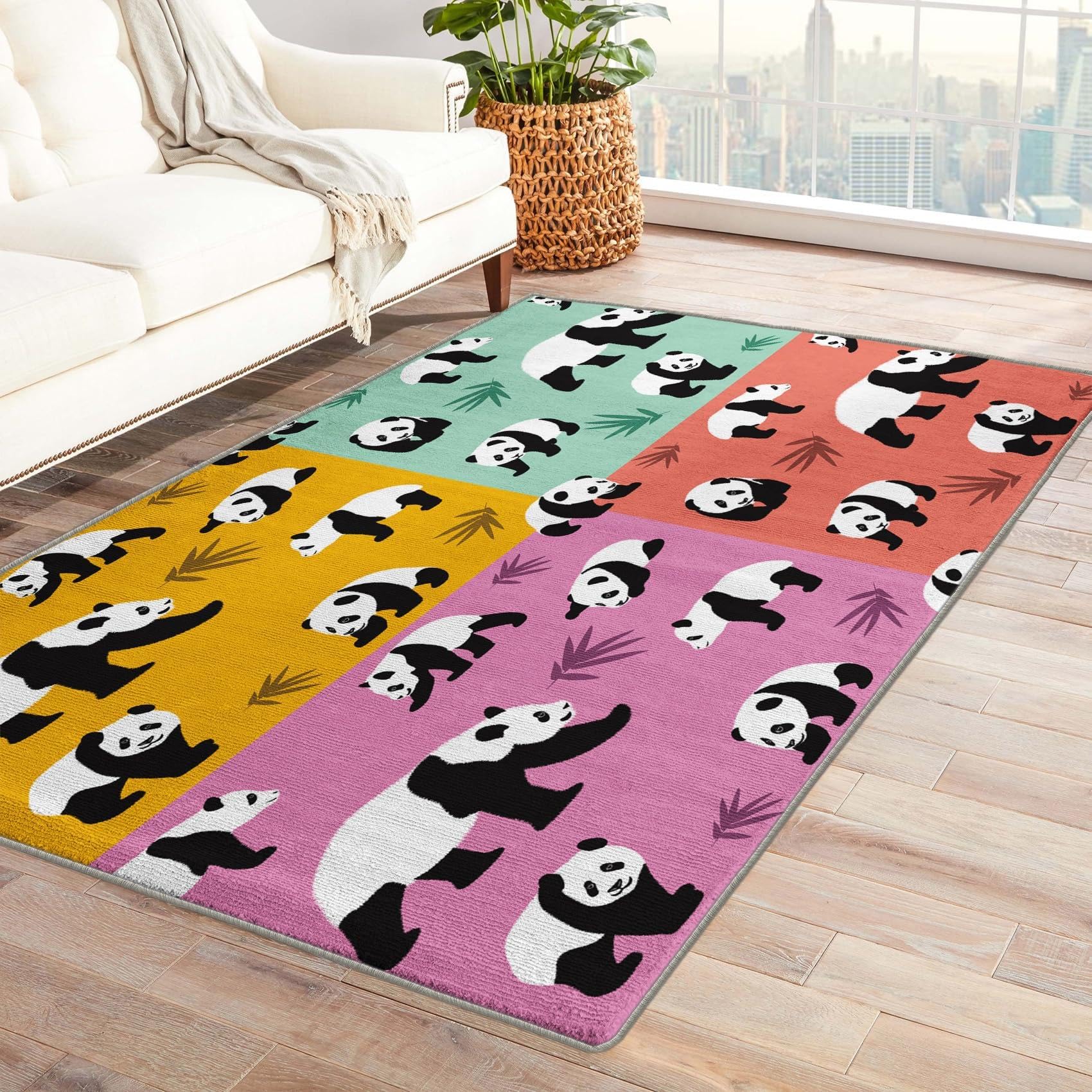 Chambre moquette décoration avec pandas 3D doux à poils ras