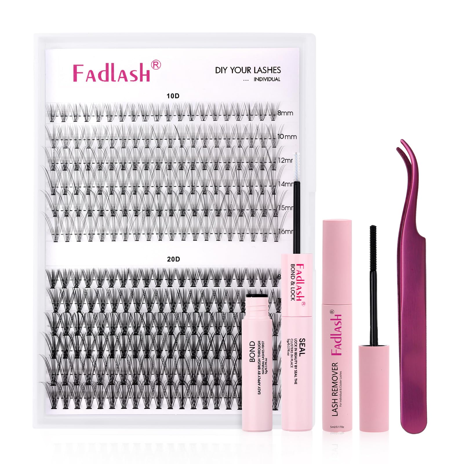 FADLASH Kit Pestañas Postizas Individuales 240pcs 10D+20D C Curl 8-16mm, Bond and Seal, Removedor Pegamento Pestañas, Pinzas de Pestañas Bricolaje en Casa