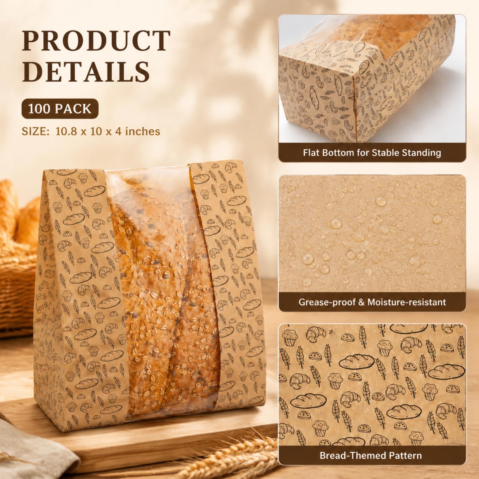Hacaroa 100 Stück Papier Brotbeutel mit Klarem Fenster, 27,5 x 25 x 10 cm Kraft Bäckerei Taschen mit 100 Aufkleber, Braun Toast Verpackung Taschen für Hausgemachtes Brot, Keks