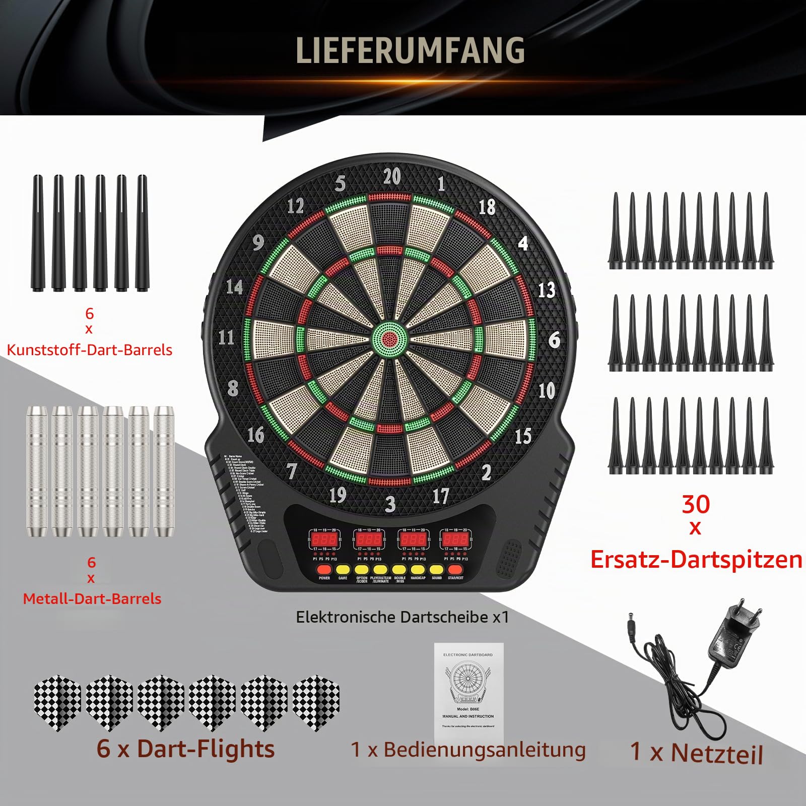 elektronische Dartscheibe Professionelle mit 6 Darts, Innovative Dartmaschine + Zubehör für 1 bis 16 Spieler