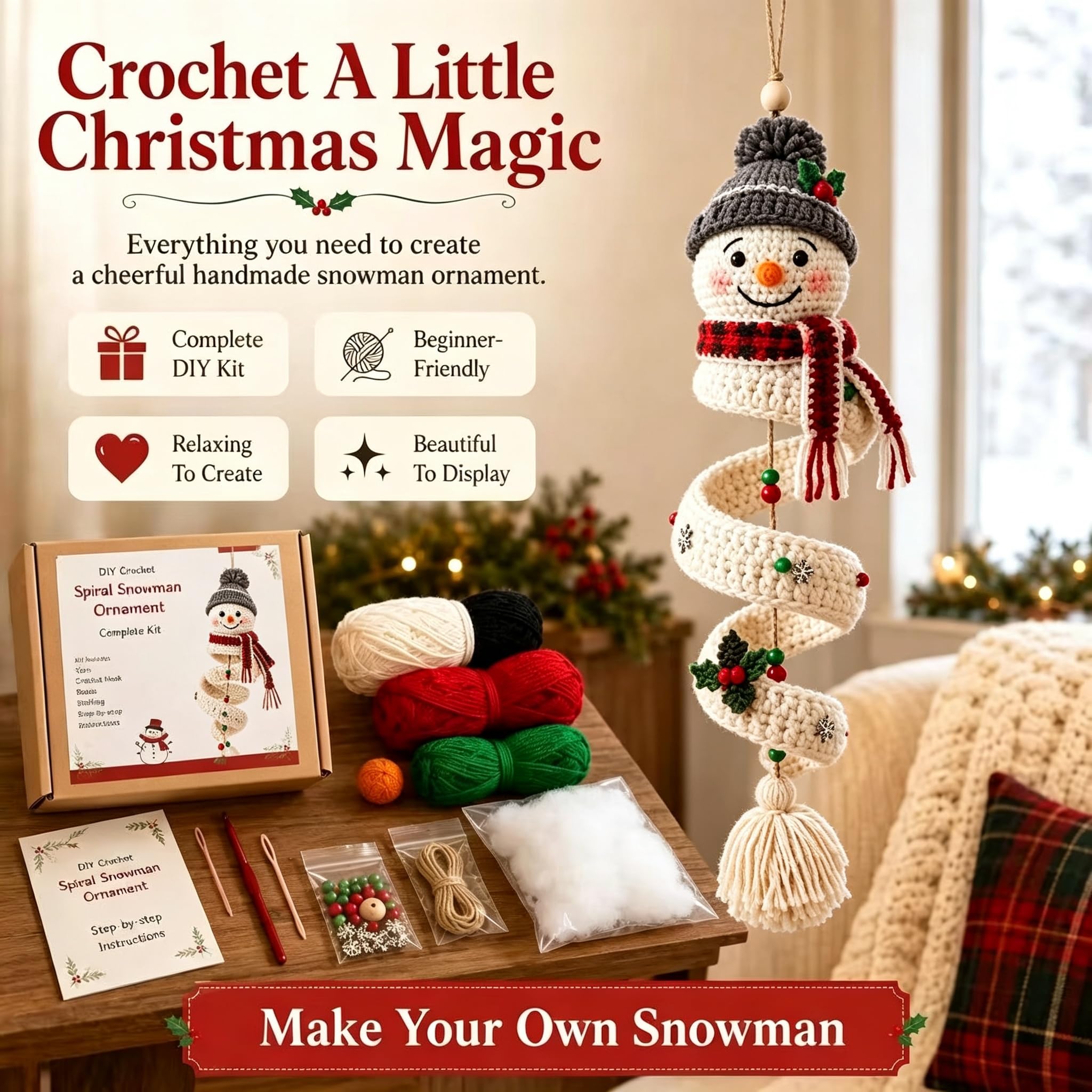 Gehäkeltes Schneemann-Spiral-Ornament-DIY-Set, alle Materialien zur