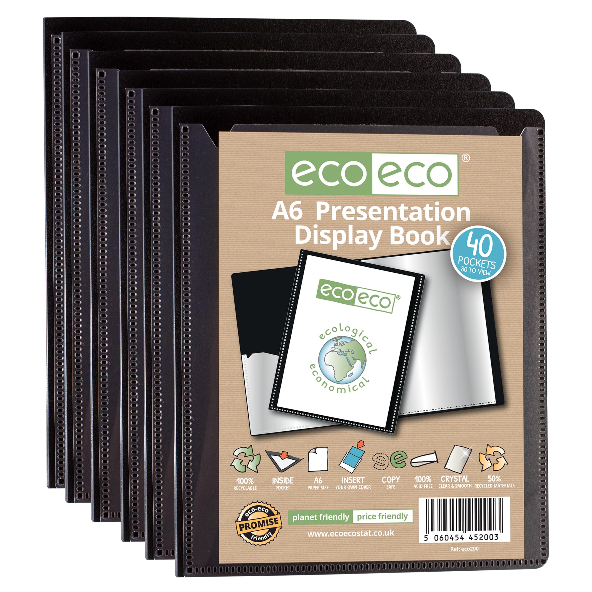 eco-eco A6 Size 50 Percent Recycled 40 Pocket Black Presentation Display Book, Storage Case Portfolio Art Folder with Plastic Sleeves, Pack of 6 Folders, eco200x6