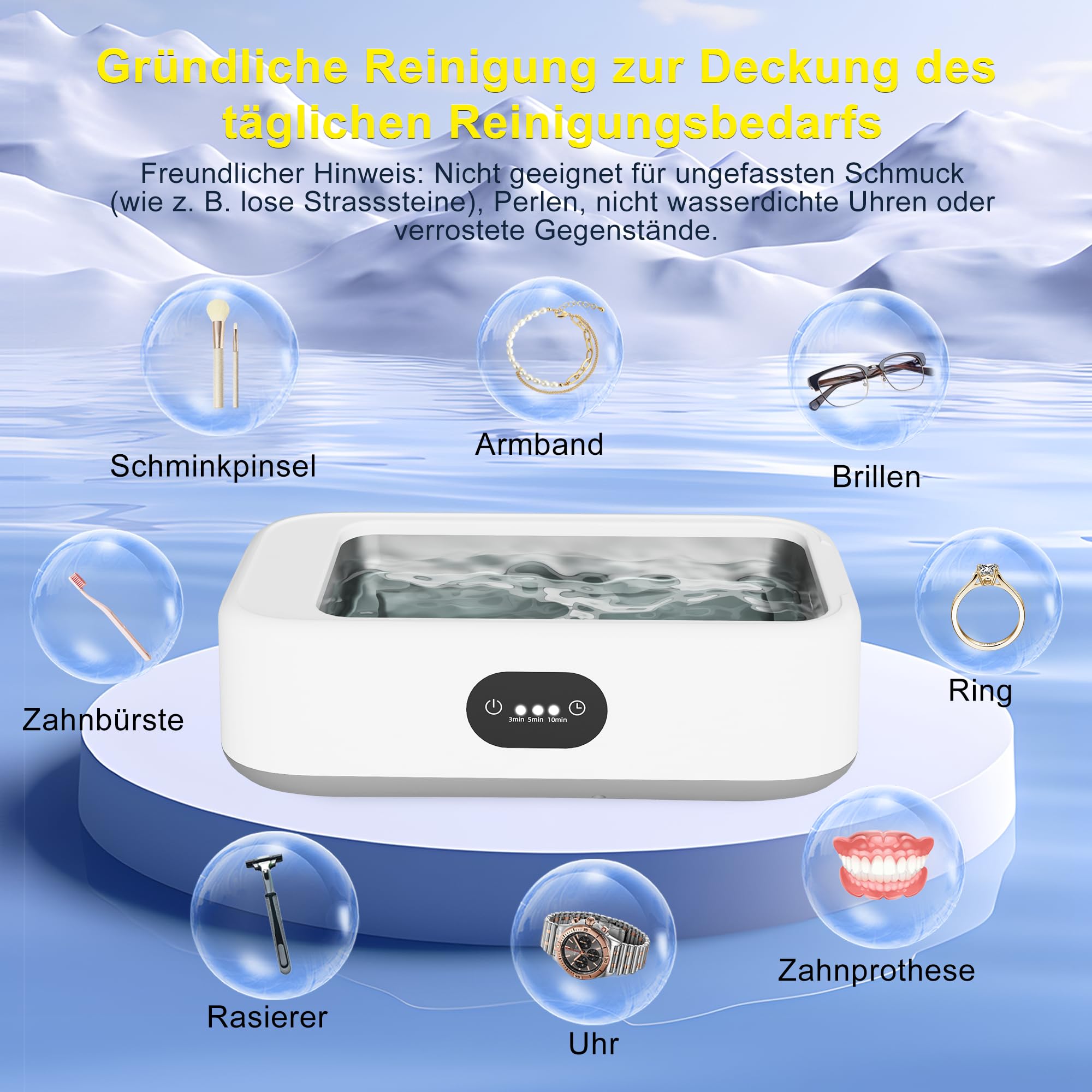Ultraschallreinigungsgerät, Ultraschallreiniger 640ML für Brillen Schmuck | 49000Hz Ultrasonic Cleaner mit 3 Modi, Einfache Bedienung, Kompakt und Tragbar, Leiser Betrieb Sowie Effektive Reinigung