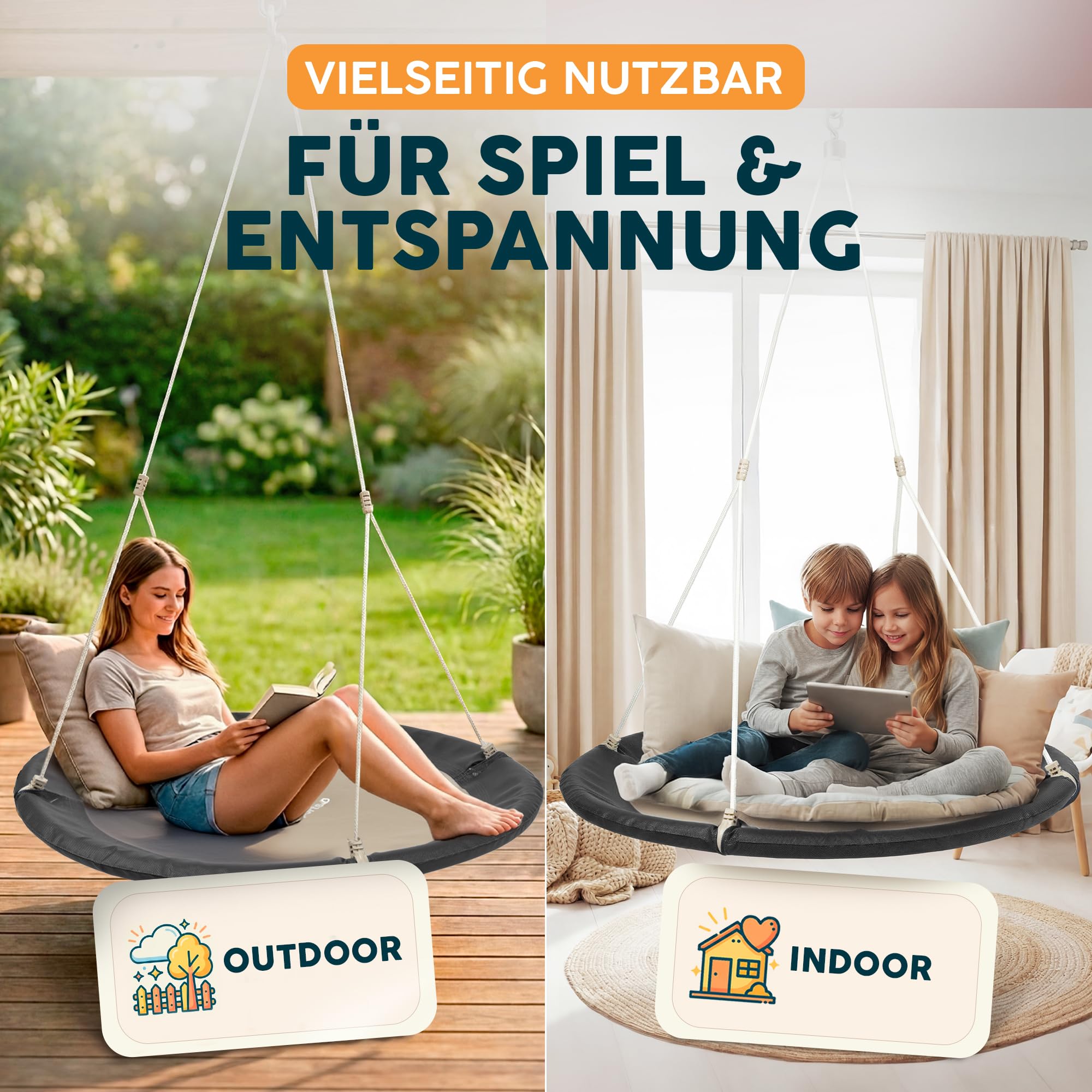Nestschaukel Outdoor - [inkl. Abdeckhaube] - TÜV/GS geprüft - Höhenverstellbare Schaukel Outdoor und Indoor für Kinder und Erwachsene - bis 150 kg - Netzschaukel oder Korbschaukel