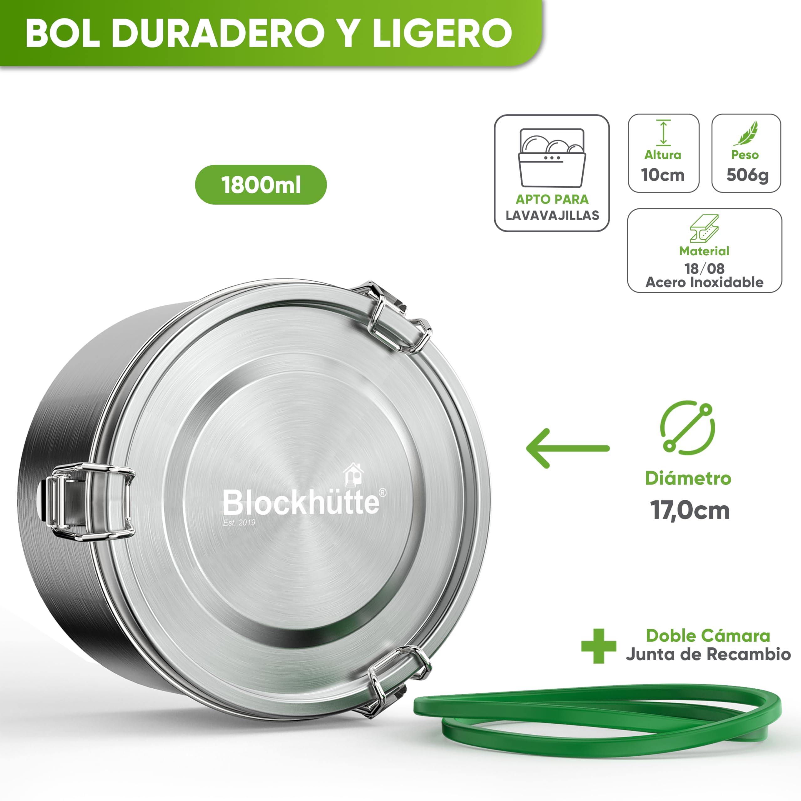 Blockhütte Fiambrera Acero Inoxidable I 1800ml I Tartera con Cuchara y 2 Juntas, Bento Box, Tupper Acero Inoxidable a Prueba de Fugas, Lunch Box Ninos y Adultos, Fiambrera Acero