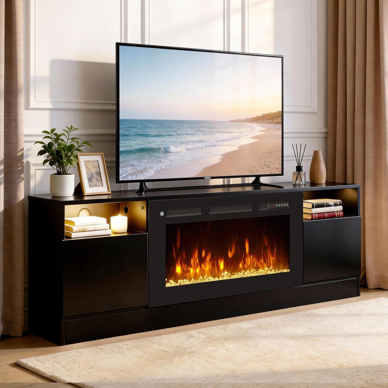 70" Fireplace TV Stand for TVs Up to 80",Entertainment Center with 36” Electric Fireplace and 12 Colors LED Lights,Large TV Console with Storage Cabinet for Living Room,All Black