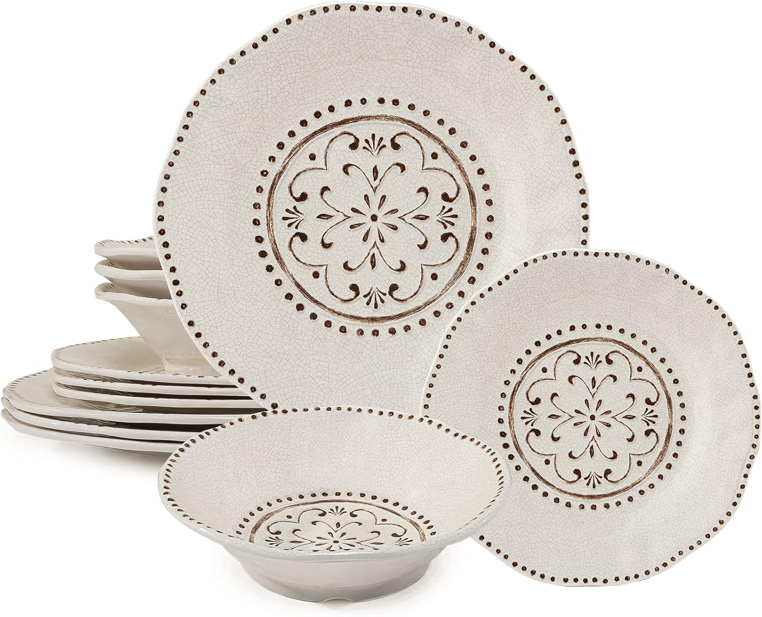 LEHAHA Beaded Crackle 12 Piece Melamine Camping Dinnerware Set, Plates and Bowls Sets, Indoor and Outdoor Use, Break-Resistant Rustic RV Dishes Set, Service for 4(Ivory)…