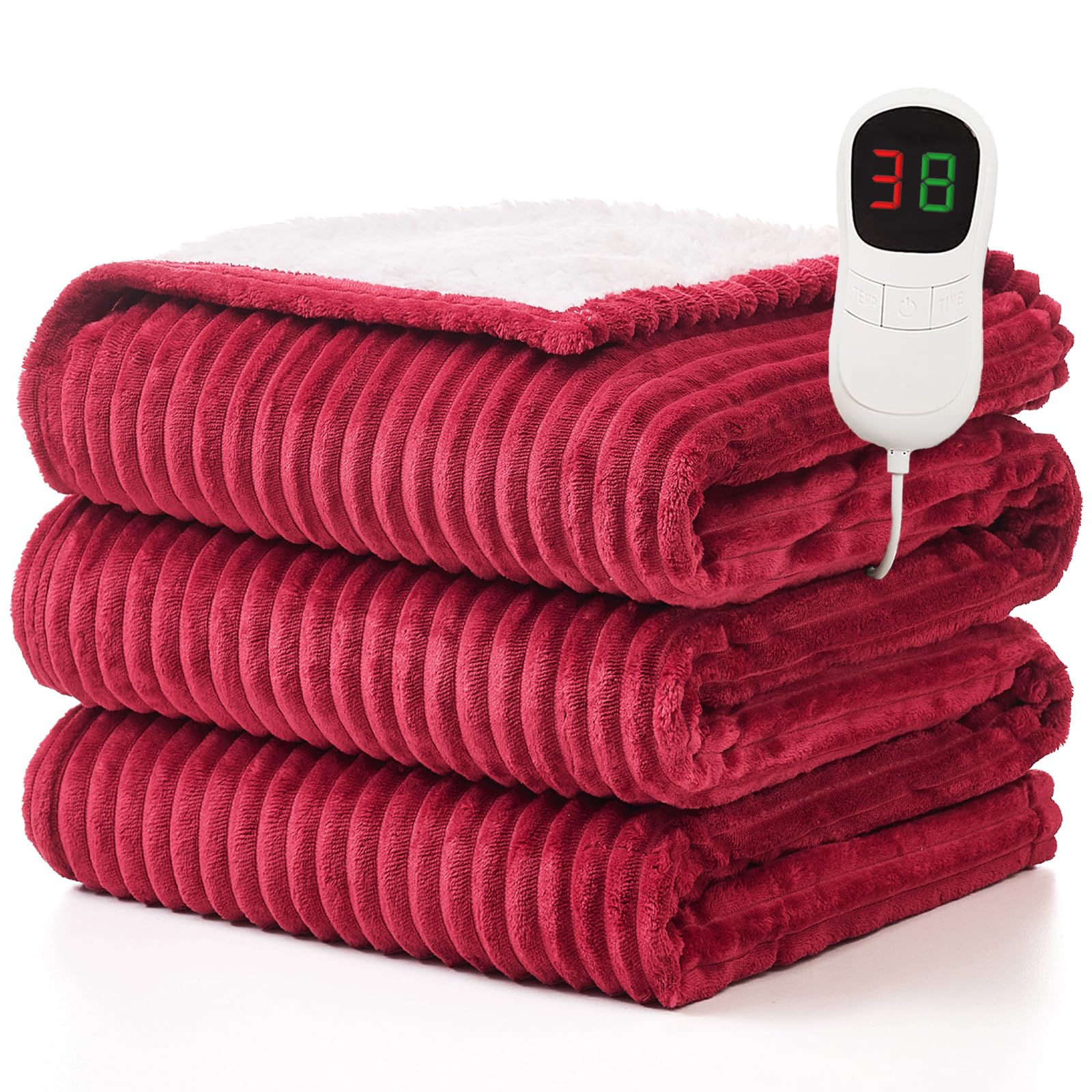 Homemate Electric Blanket - 150x200cm, 1/2/4/6/8 Hours Auto-Off 10 Heat Levels Over-Heat Protection Soft Flannel Sherpa Heated Blankets Red
