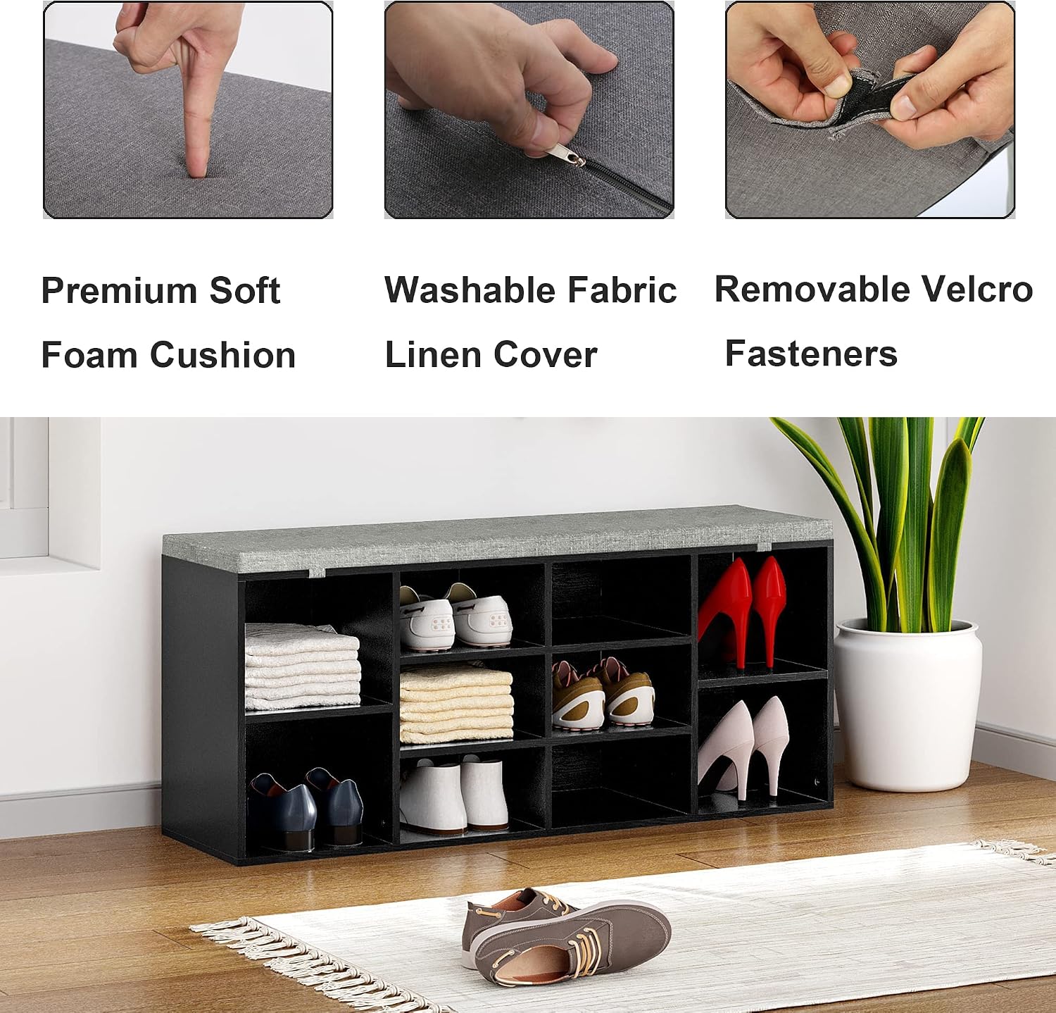 HOME BI Shoe Bench, Entryway Storage Benches with Cushion, 10 Cubes Window Seat Shoe Cabinet,Shoe Organizer Rack Bench for Hallway,Living Room, Bedroom, Black