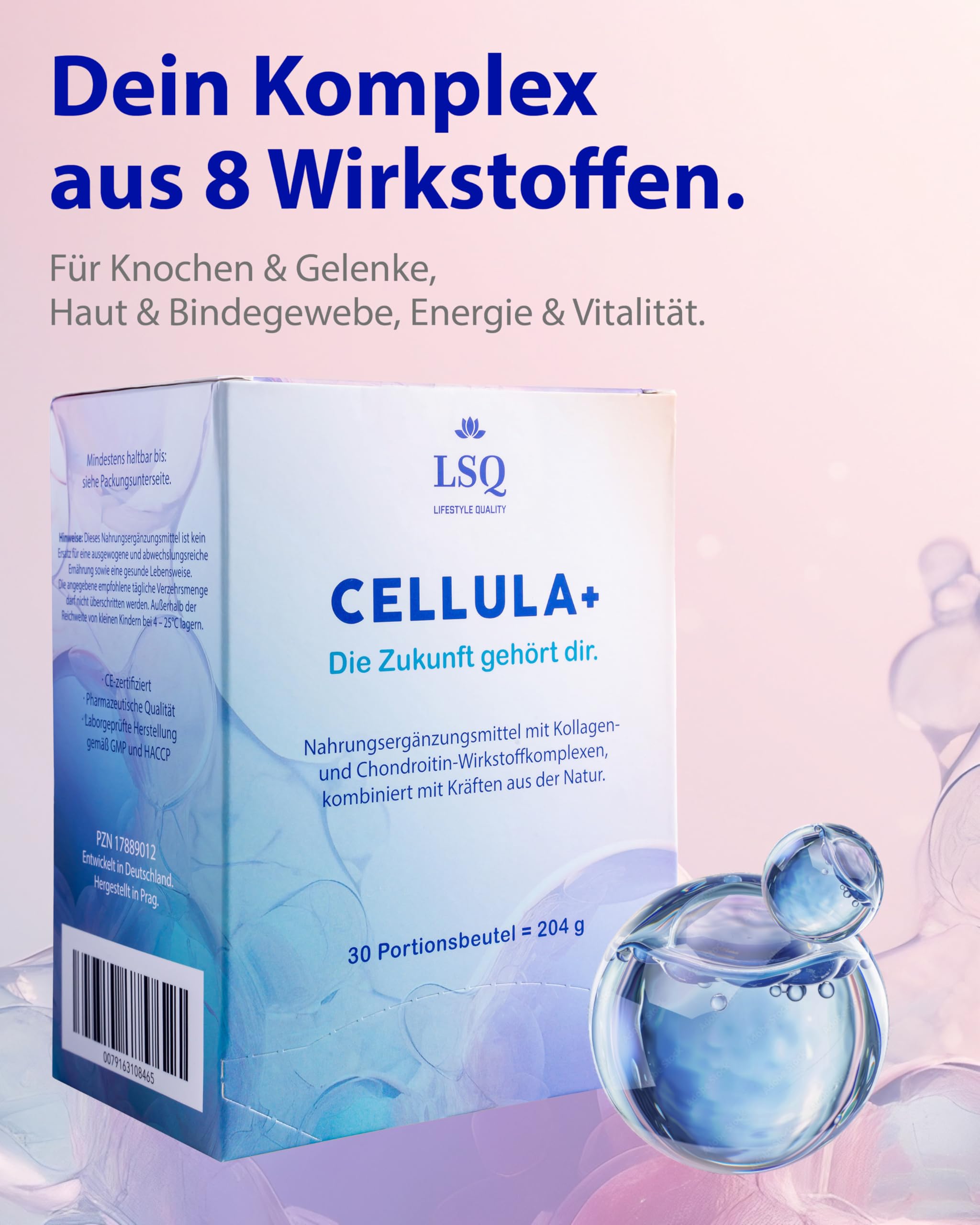 CELLULA+ Kollagen- / Chondroitinkomplex zum Trinken - Collagen Drink mit Hyaluron, Vitamin C & Kurkuma, Nahrungsergänzungsmittel für Haut, Bindegewebe, Gelenke & Knochen mit Anti Aging Effekt