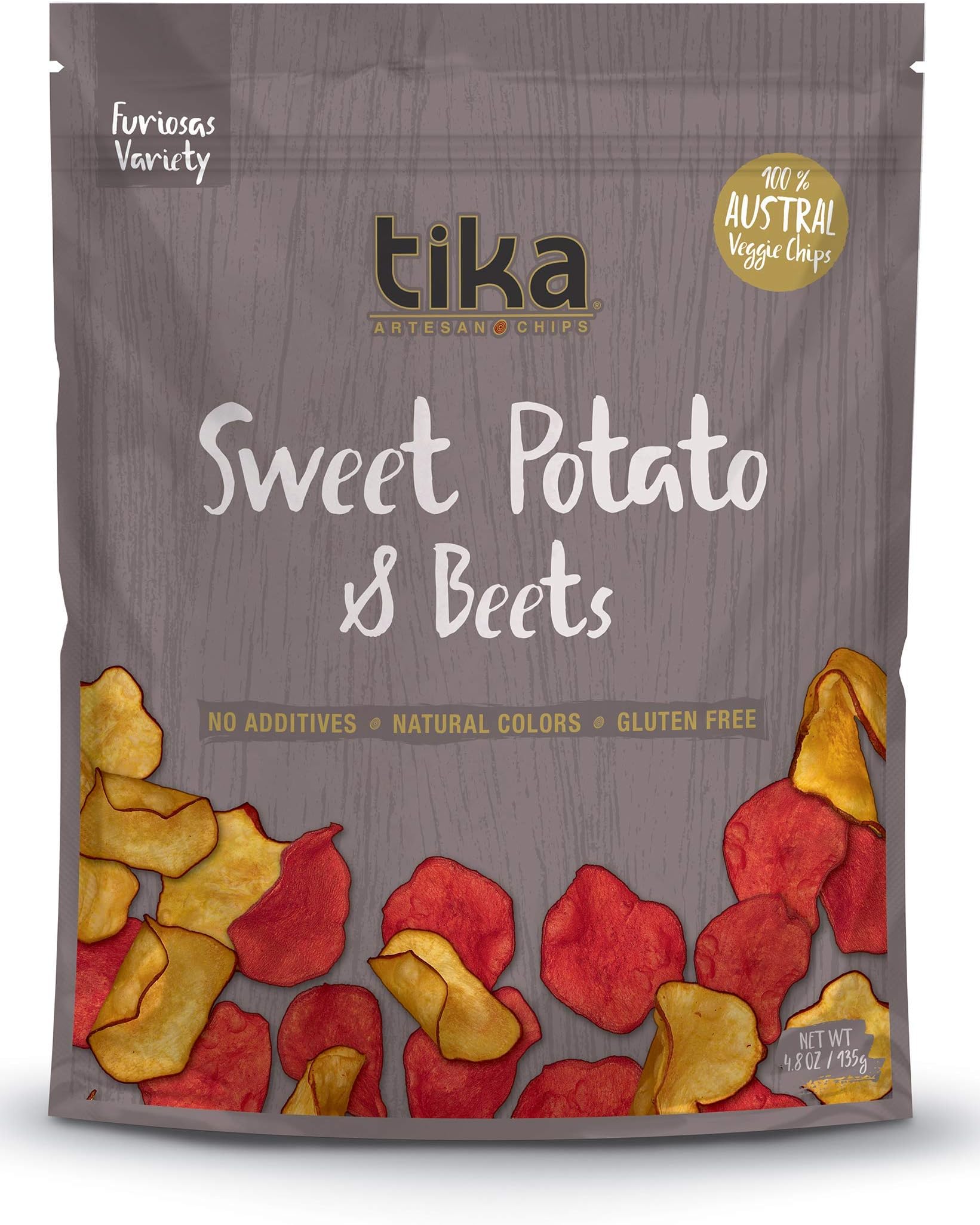 Tika Chips, Artisanal hand cooked chips of sweet potatoes, exotic colored potatoes, beetroots with a pinch of sea salt. Case of 4 units (4.8 oz each) with 3 varieties of products (Furiosas)