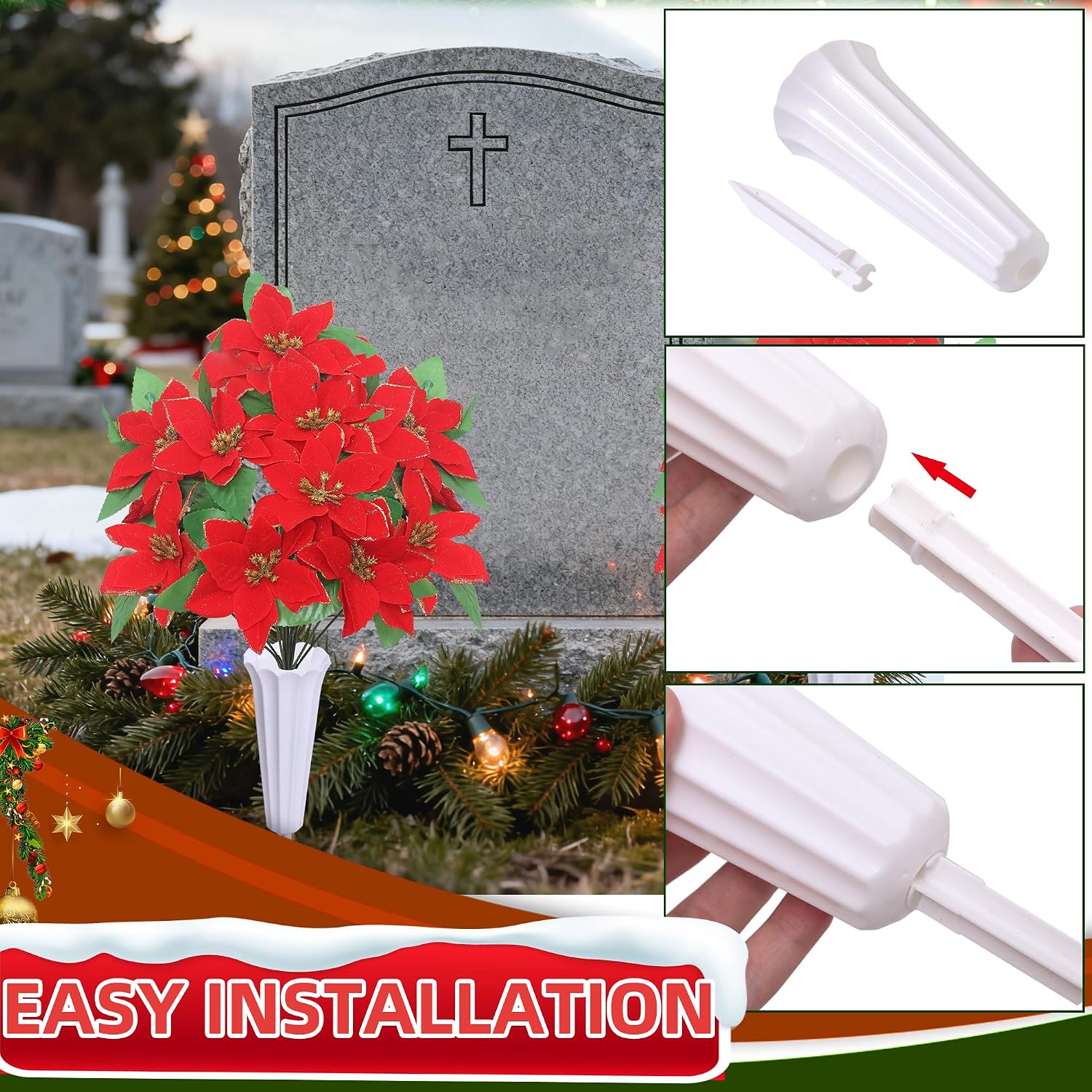 Lodou Artificial Cemetery Flowers for Grave,2 Sets Christmas Artificial Cemetery Flowers with Vase for Grave Christmas Bouquet,Outdoor Grave Decorations (Red)