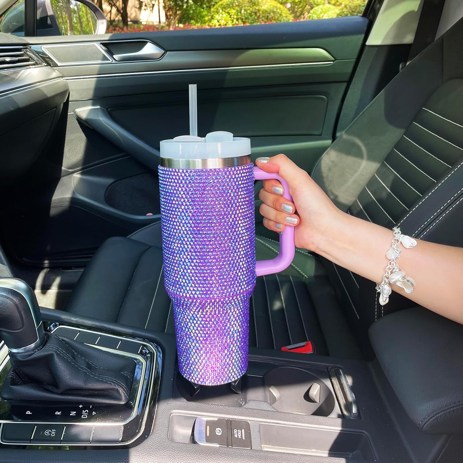 40oz Bling Tumbler with Handle and Straw Lid Rhinestone Studded Tumbler Cups Vacuum Insulated Stainless Steel Double Wall Water Bottle Travel Mug Gifts for Women Her (Purple) - Image 5