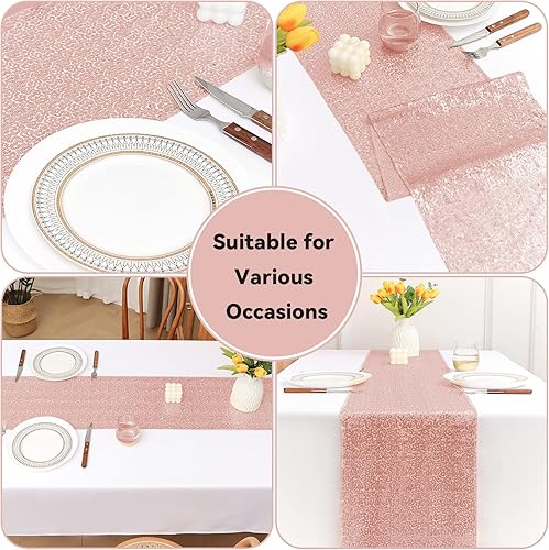 Miniatura 6 de Paquete de 10 caminos de mesa de lentejuelas de 12 x 72 pulgadas, camino de mesa de oro rosa con purpurina para suministros de fiesta de cumpleaños,