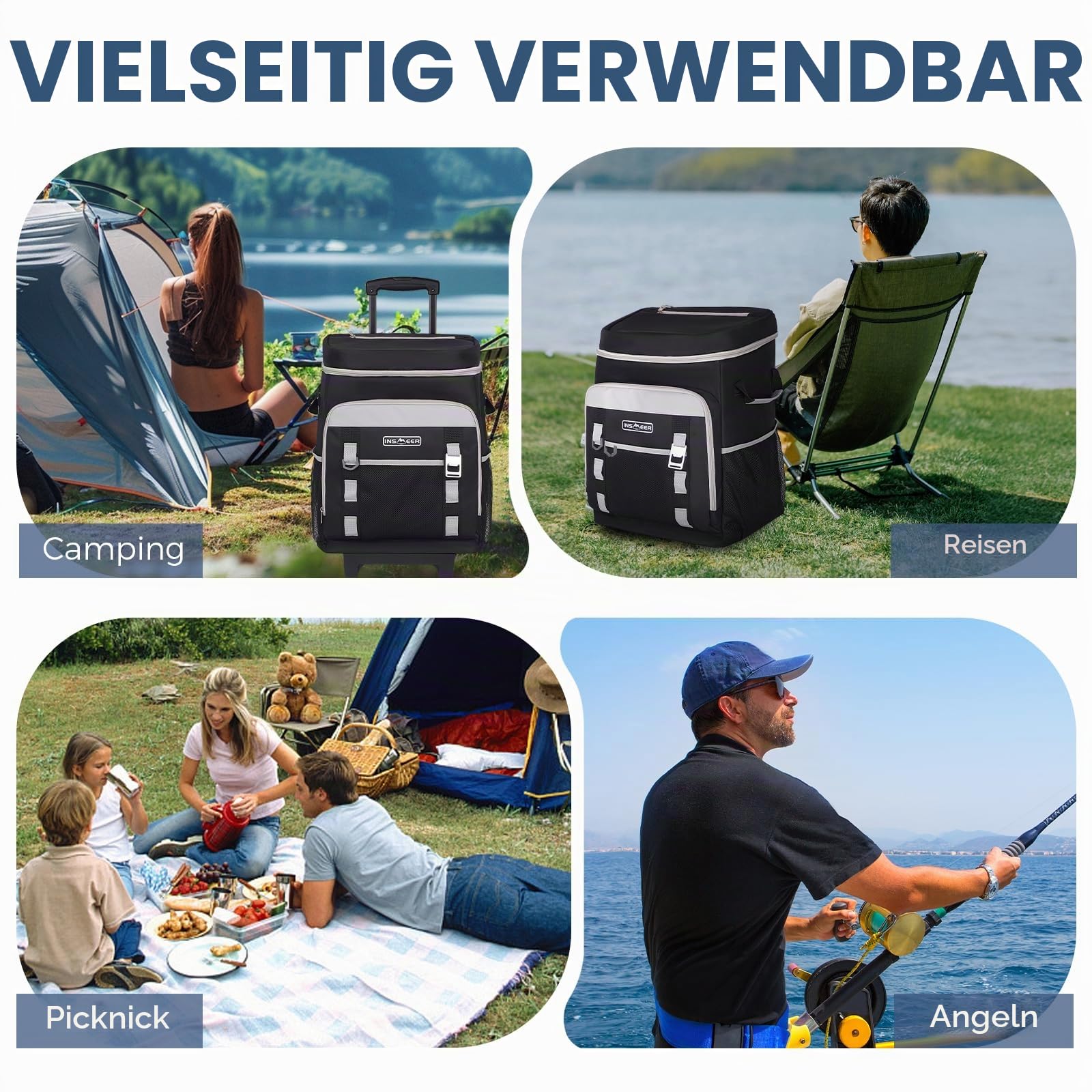 Kühltasche mit Rollen, 50L/ 75 Cans Kühltasche Gross Faltbar und Wasserdicht Kühler, Isoliertasche Thermotasche für Strand, Camping, Picknick, Einkaufen