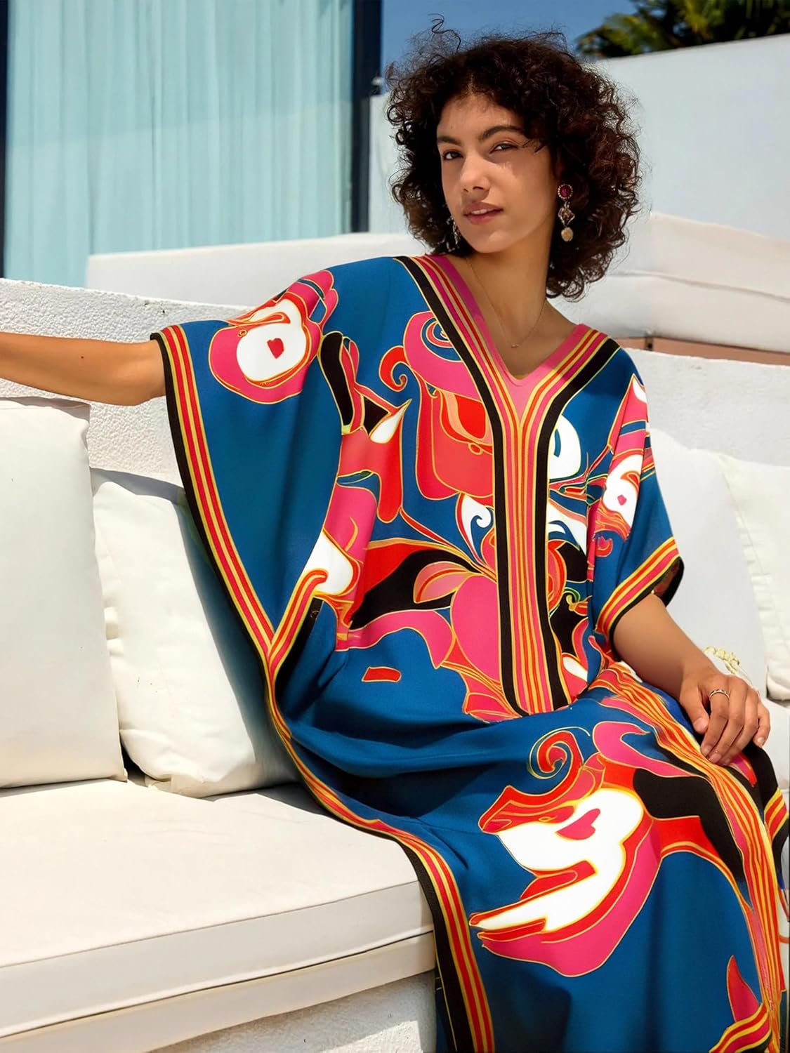 Cashew Flower Silk Caftan Women Vneck beach Cover up Caftans Loose Plus Size Floral Print Side Split Kaftan Dresses - Image 7