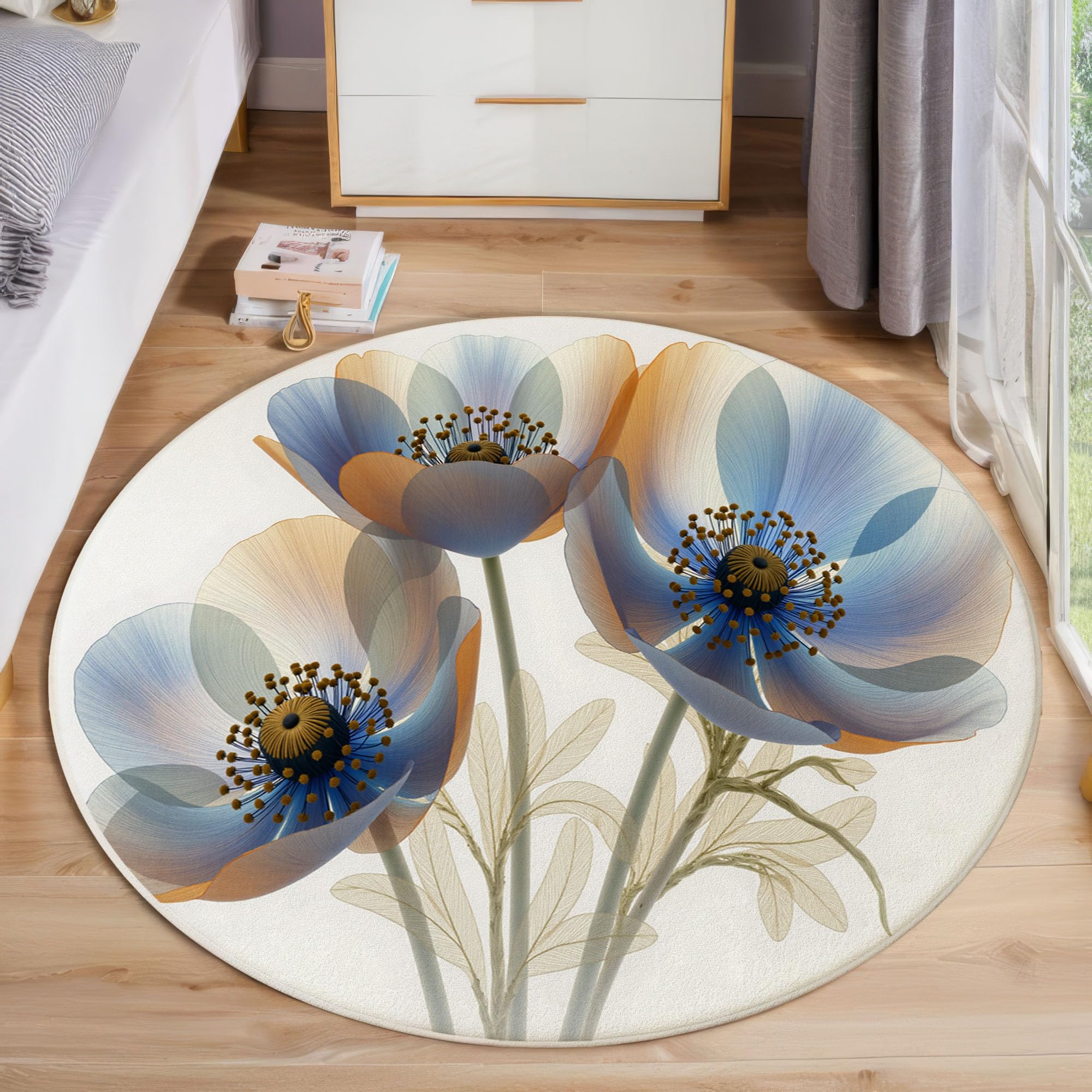Tapis rond lavable bleu glacier de 100cm motif anémone transparente pour chambre d'enfant