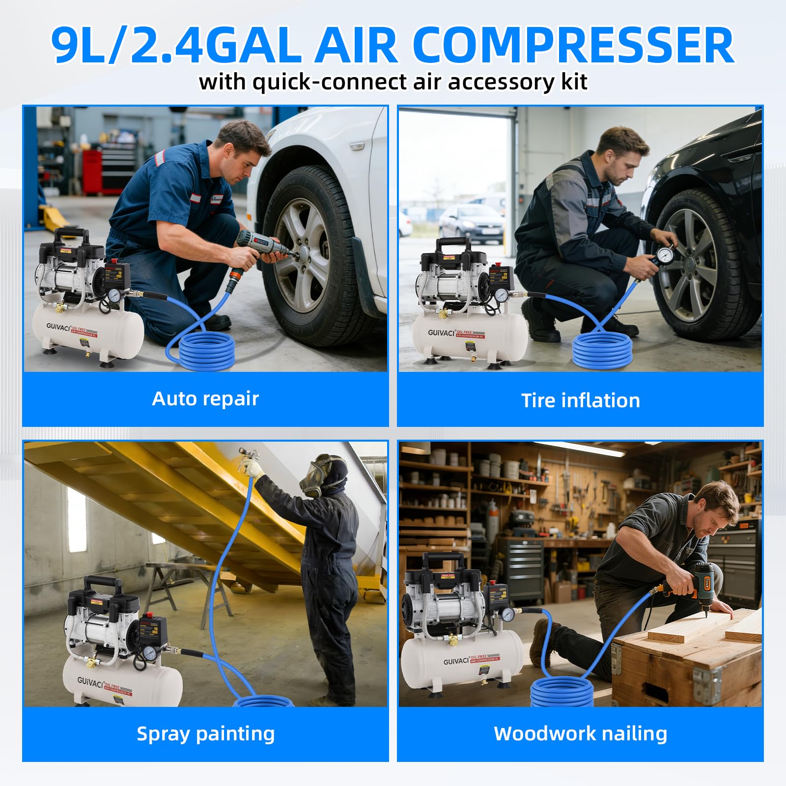 Compresor silencioso, 9 L, sin aceite, 1100 W (1,5 CV), máx. 8 bar, 190 l/min, 60 dB, con manguera de aire de 10 m, compresor silencioso para taller, coche y pintura