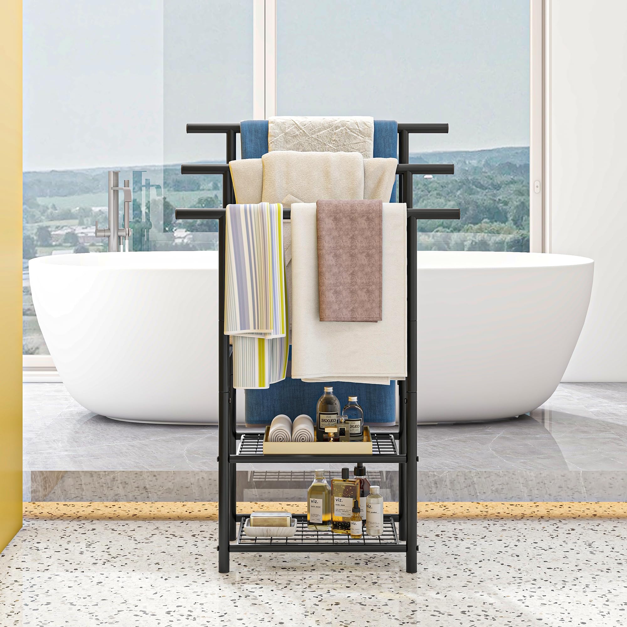 Porte-serviettes debout avec 3 barres porte-serviettes en métal avec 2 étagères, pour serviettes de bain, couvertures, peu encombrant, stable, style industriel, noir