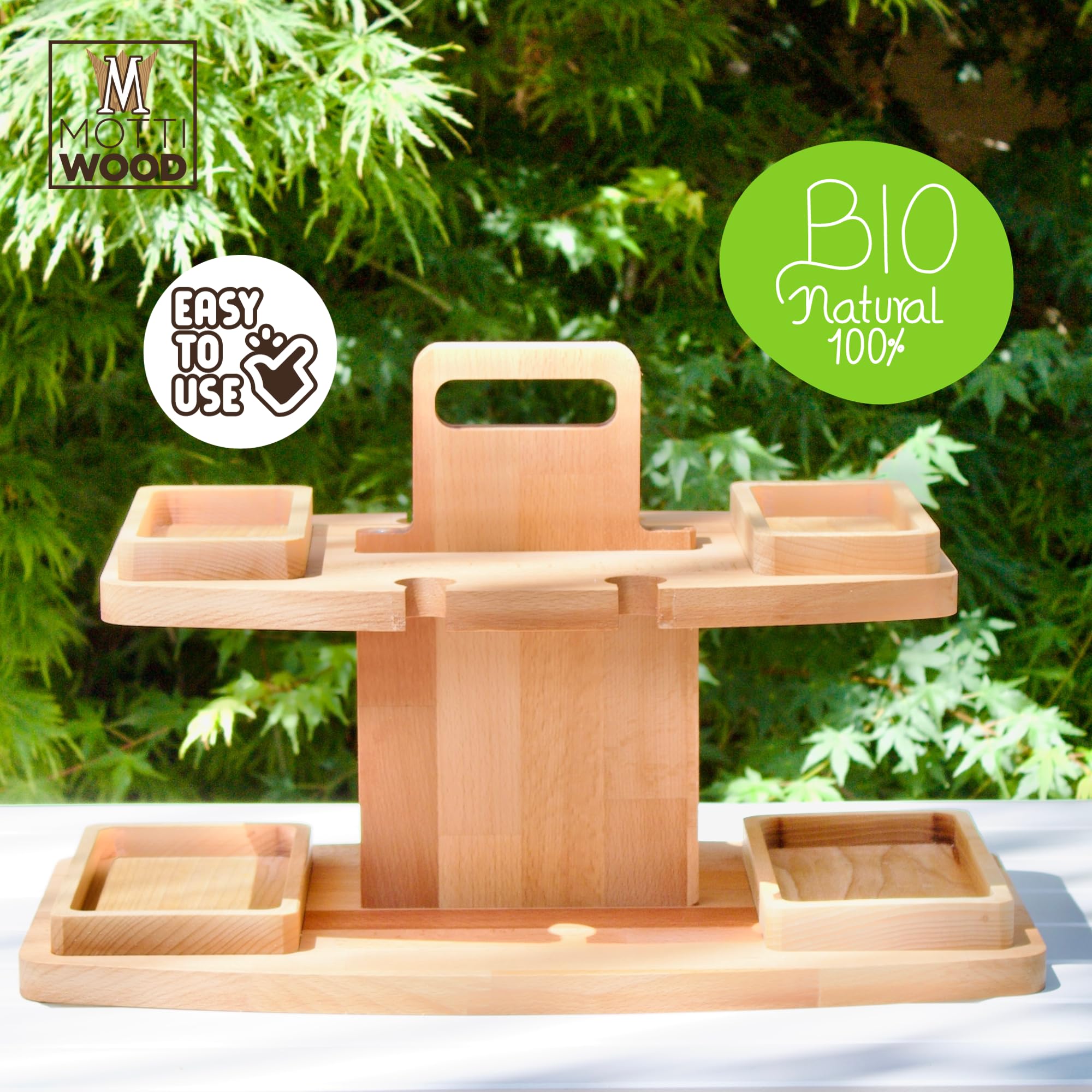 Mottiwood Etagère met 2 bekers, dienblad, aperitief, 2 planken, 100% beukenhout, uniek idee, afmetingen: 32,5 x 23 cm