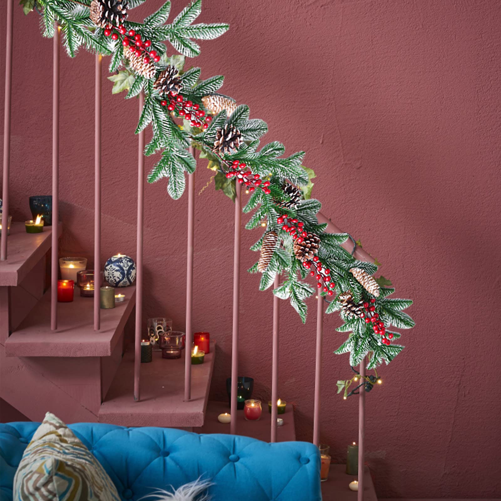 Guirnalda de pinos artificiales de 1,6 m con ramas de bayas rojas, piños, piños, guirnalda de vegetación de invierno para temporada festiva, chimenea, camino de mesa, centro de mesa, decoración 062035