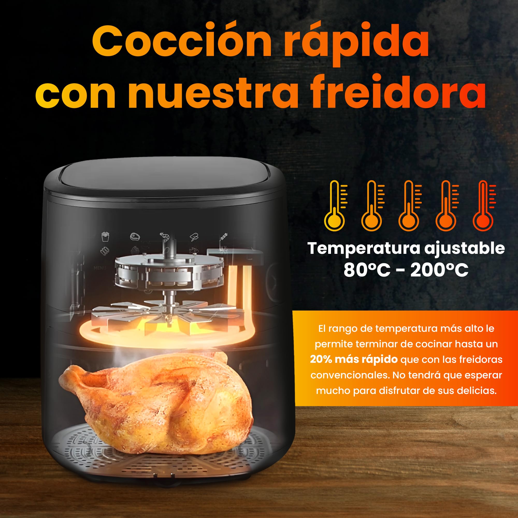 Extralink Freidora Aire 4.2L 1400W con 10 Funciones de Cocina – Airfryer Compacta, Eficiente Energéticamente, Pantalla Táctil LED, Apta para Lavavajillas, 90% Menos Grasa, 80°C a 200°C