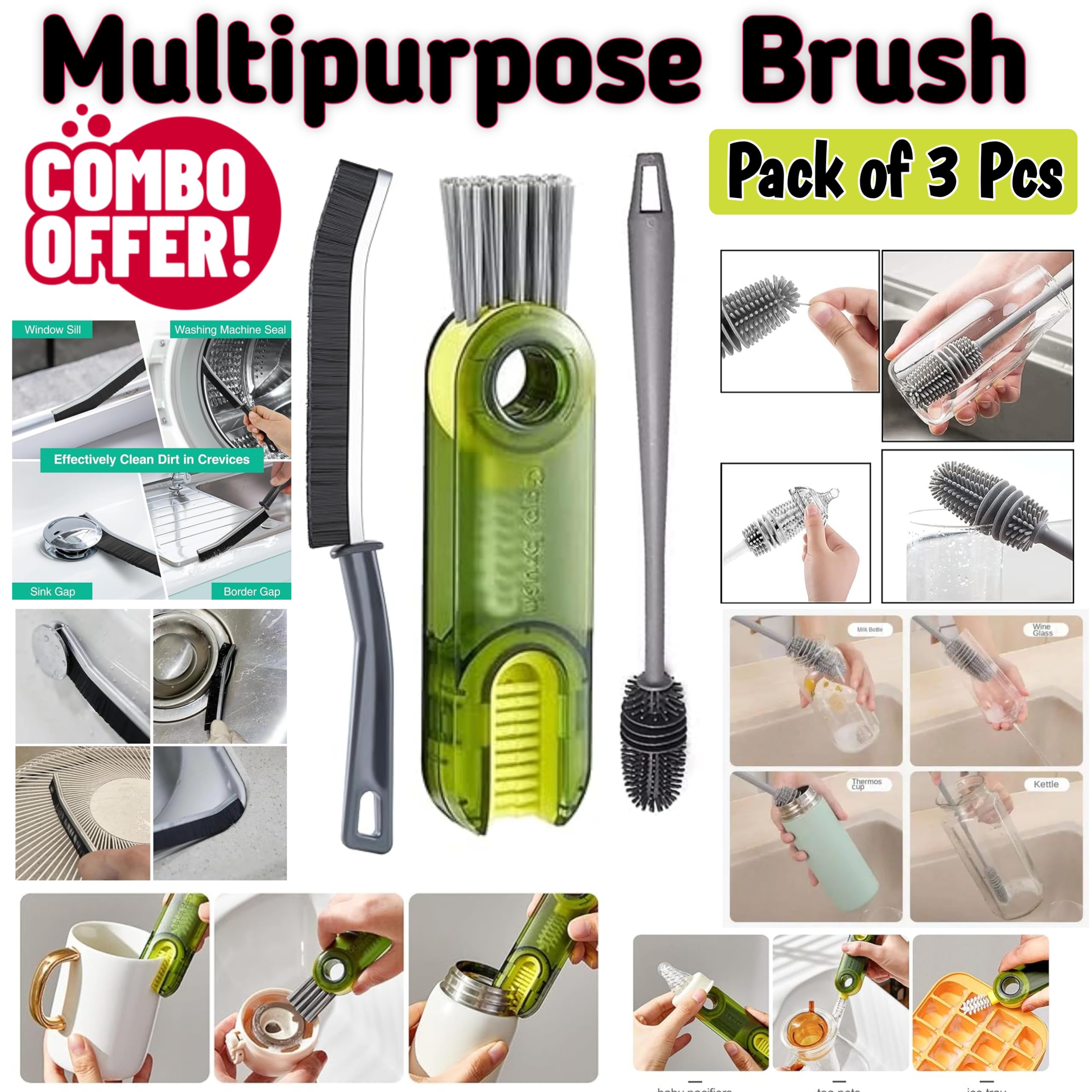 Sarthu Bottle Cleaning Brush Silicone Long Handle,Gap Cleaning Brush, Cup Lid Cleaner Brush.Multifunctional Brushes for Water Bottles, Straws, Windows, Grooves, Keyboards - Efficient Cleaning Tools