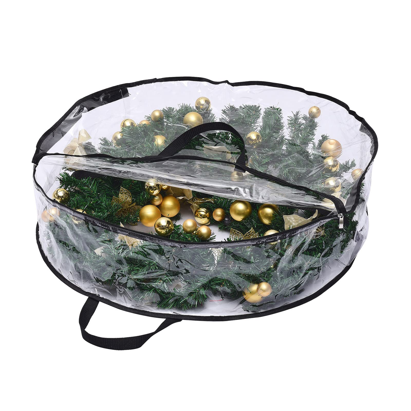 DULRLLY Round Wreath Storage Bag, Clear Wreath Storage Bag with Zippers, PVC Wreath Storage Container with Handle for Xmas Holiday Seasonal Wreath Garland (24 Inches)