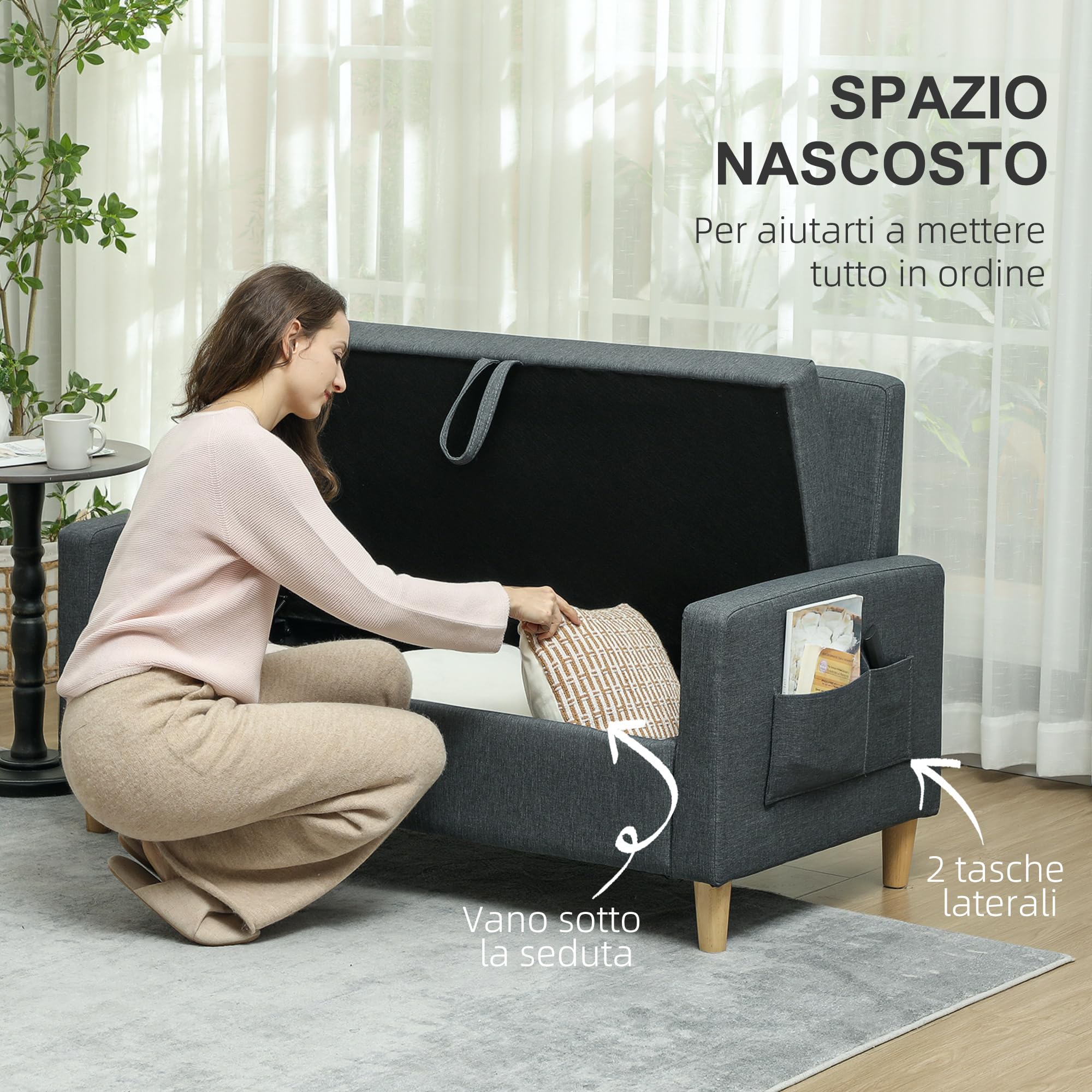 HOMCOM Divano 2 Posti in Tessuto con Braccioli e 2 Cuscini Rimovibili, Divanetto 2 Posti Moderno con Spazio Portaoggetti, Tasche Laterali e Gambe in Legno per Soggiorno e Salotto, 135x72x84cm, Grigio