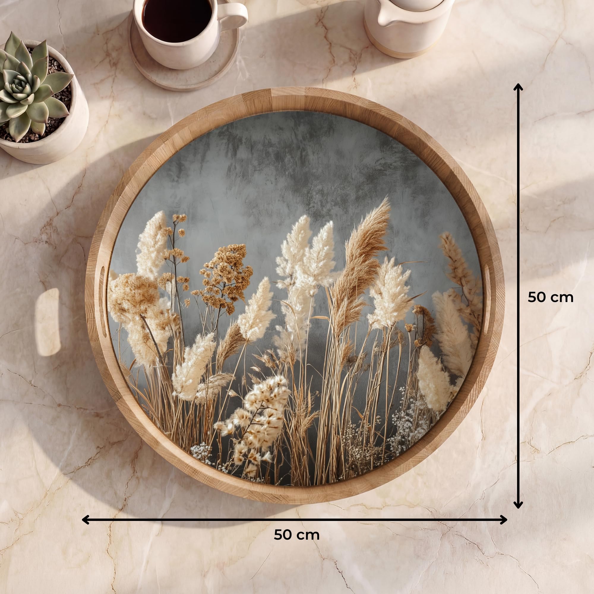 Serviertablett Rund 50x50 cm Servierplatte Eichenholz Servier Tablett Mit Henkel Serving Tray Kratzfest Kaffeetablett Teetablett Getrocknete Feldblumen - Grau - Beton