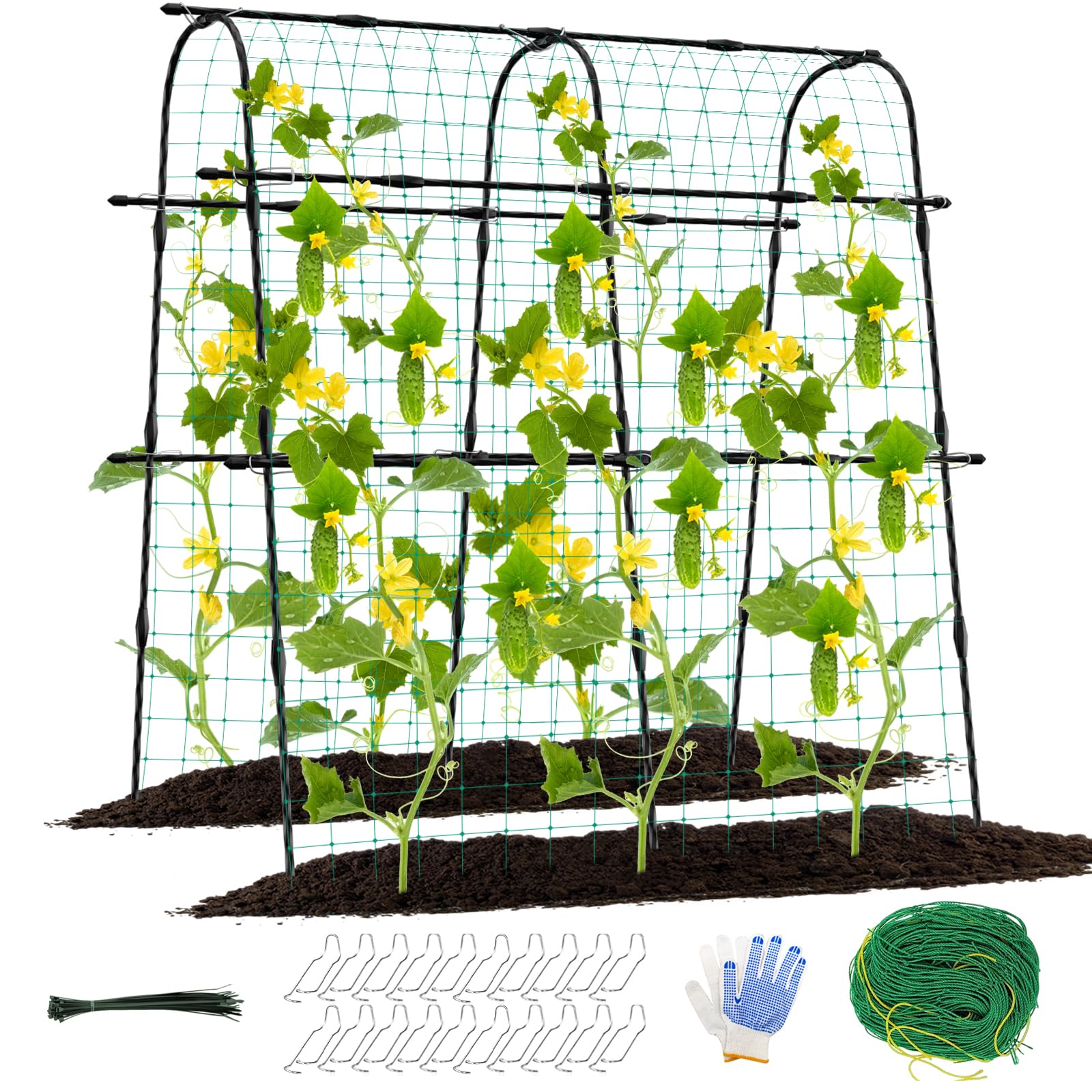 5ft Cucumber Trellis for Raised Bed, Garden Arch Trellis for Climbing Plants Outdoor Indoor, Metal Trellis Support with Net for Vegetables Tomato Zucchini Squash Beans Peas Melons, Rose Flowers,Vines