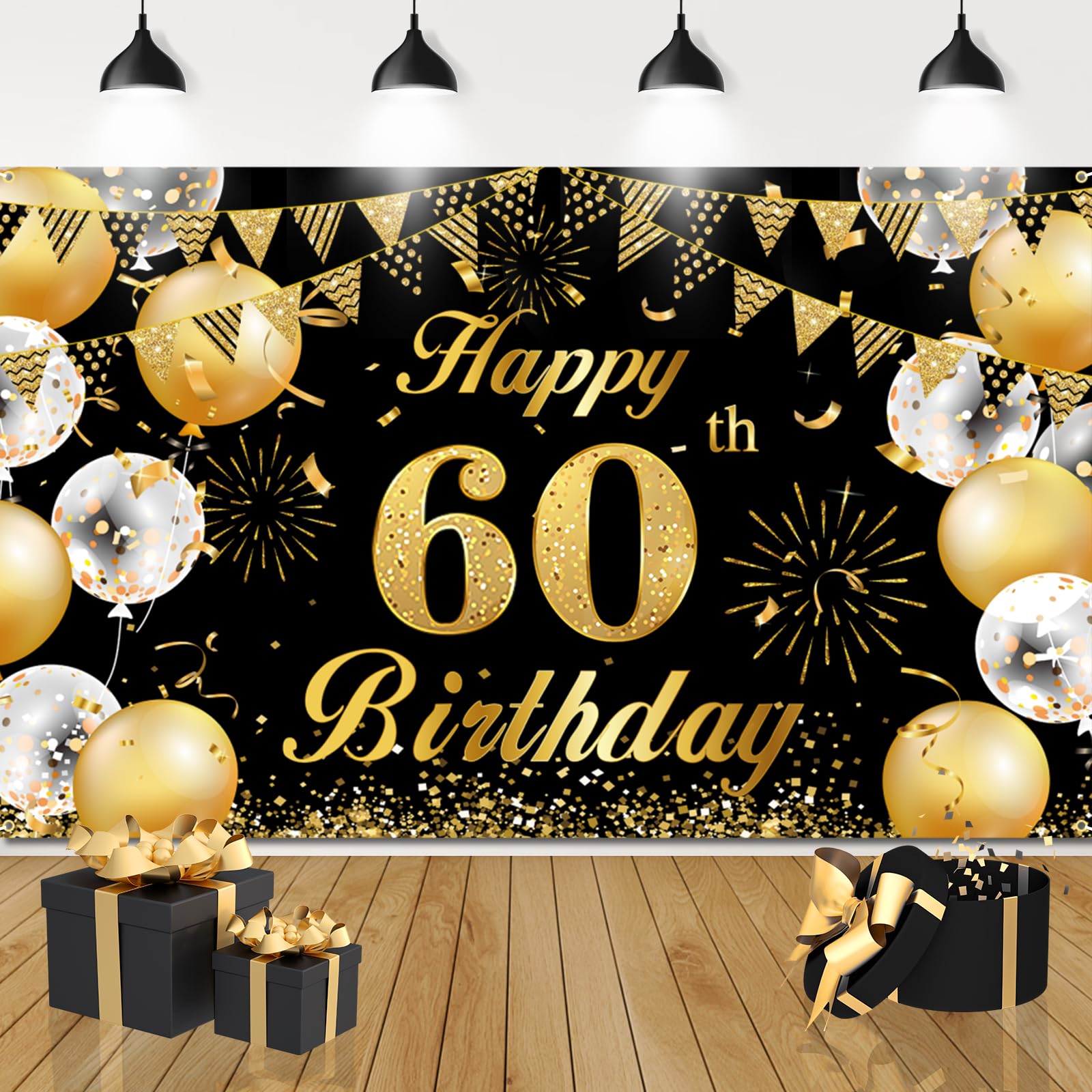 Decoracion 60 Cumpleaños Oro Negro, Pancarta 60 Cumpleaños, Photocall 60 Cumpleaños Hombre Mujer, Extra Grande Fondo de Cartel Dorado Negro Materiales de Fiesta para 60 años Cumpleaños