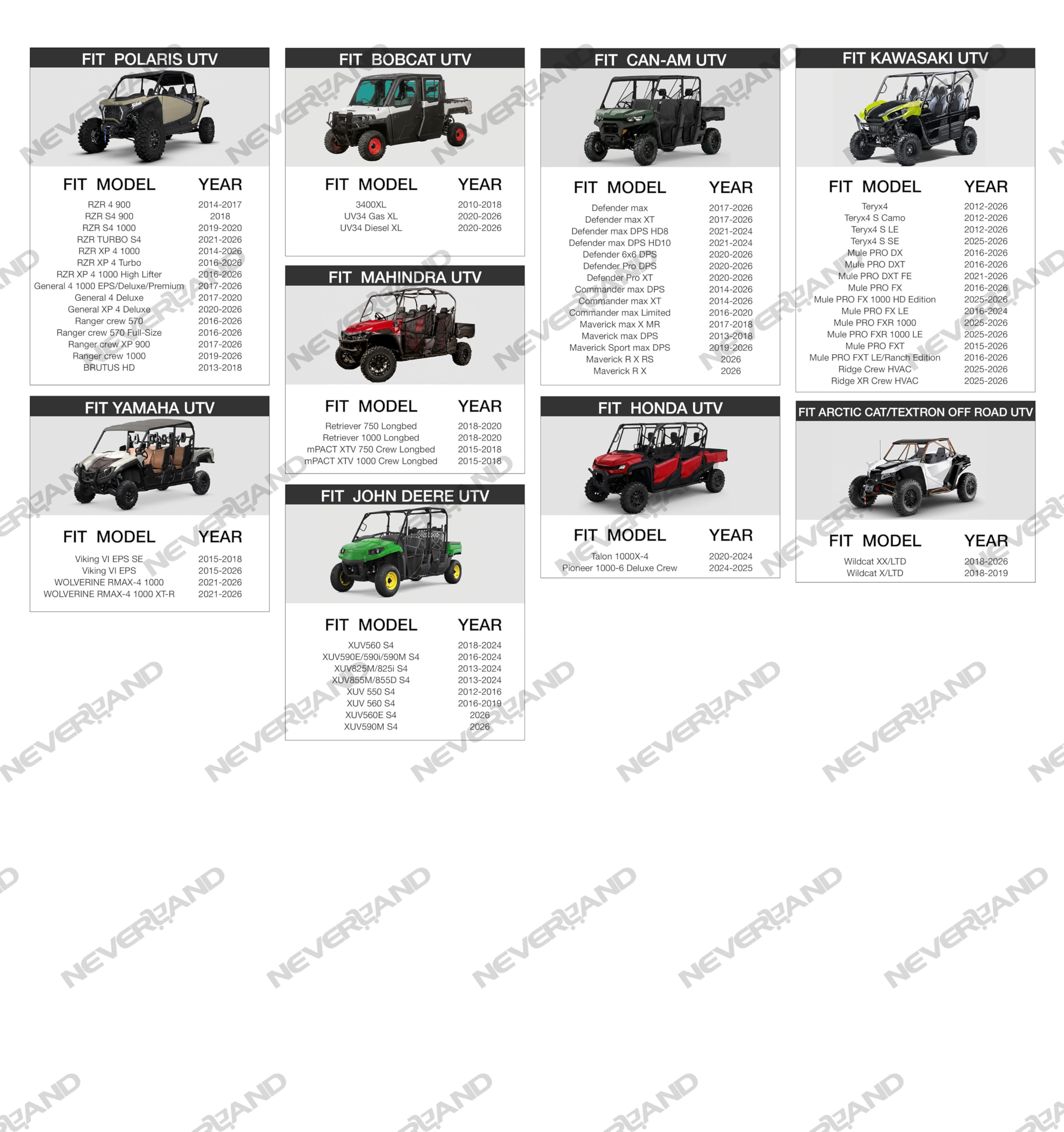 NEVERLAND UTV Abdeckungen, Sonnenschutz, UV-Schutz, Regen, Schnee, Universal, für Kawasaki, Polaris, Honda, Suzuki, Yamaha, Arctic Cat, John Deere, Kymco, Bobcat Argo (4–6 Passagier)