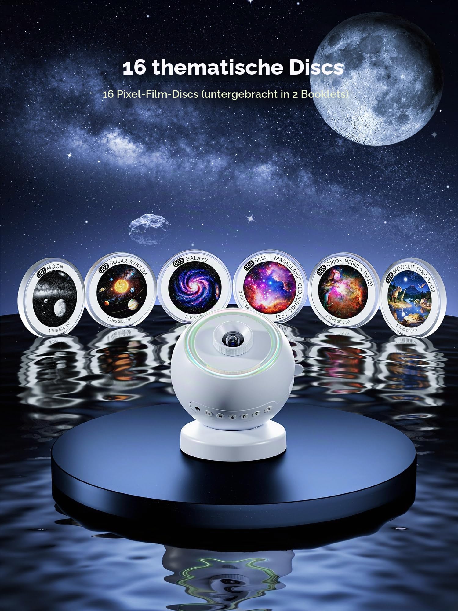 PIKOY Sternenhimmel Projektor 16 Wechselbare Discs Galaxy Projector | Geschenke Nachttischlampe Nachtlicht White Noise Machine mit 29 Klängen & Bluetooth Lautsprecher, Zimmer Deko Schlafzimmer