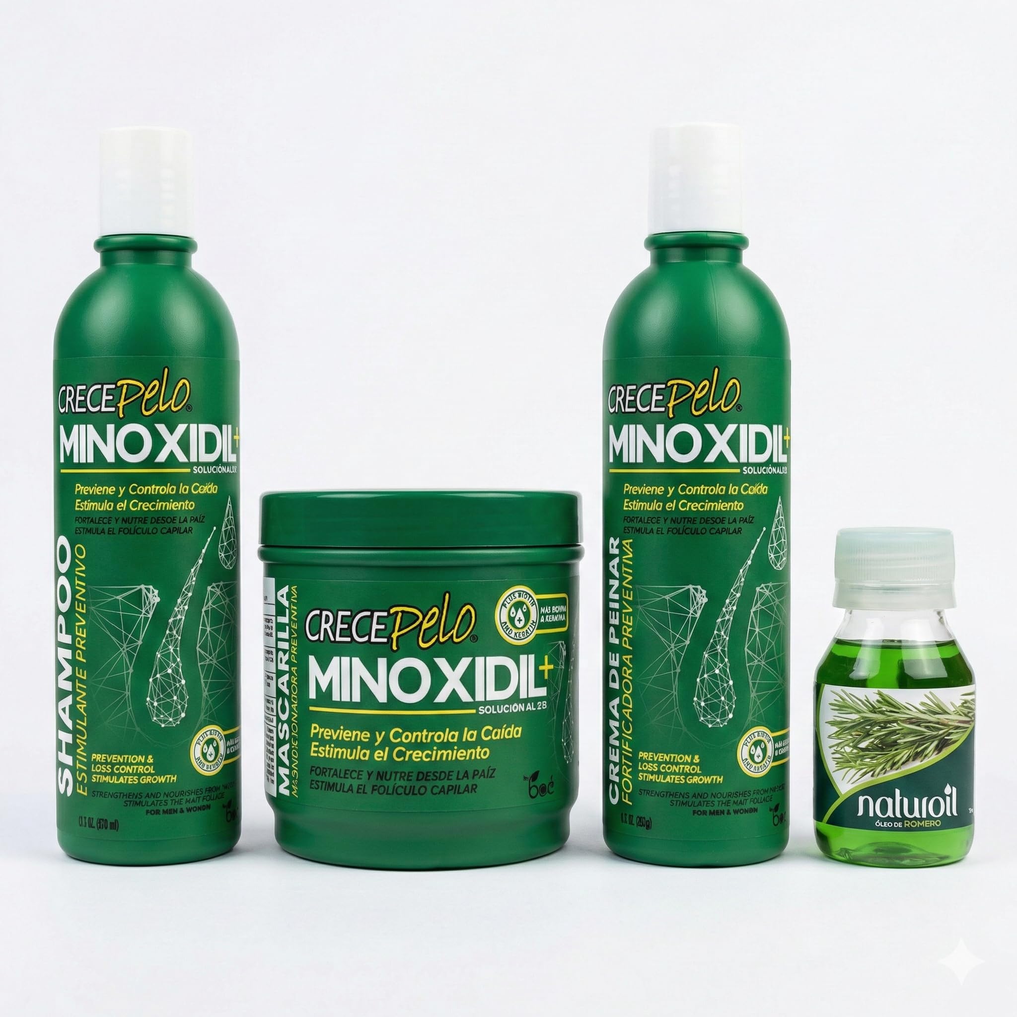 Crece Pelo Minoxidil 2 Hair Regrowth Set Complete 4-Step System Shampoo 12 5 oz Mask 16 oz Leave-In