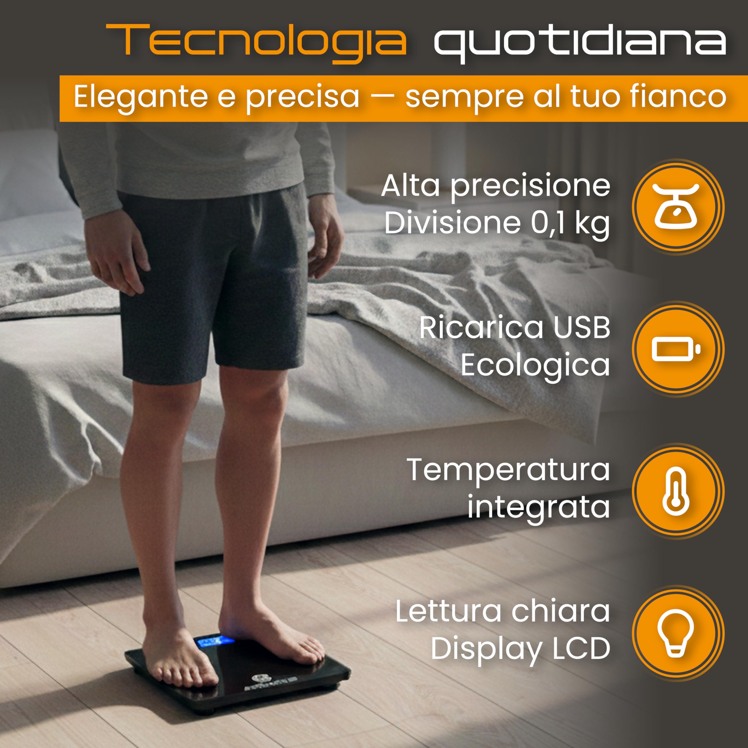 Bilancia Pesapersone Digitale STAKIRA – Fino a 180 kg – Alta Precisione 0.1 kg – USB Ricaricabile – Display LCD – Vetro Temperato Nero – Temperatura Integrata – Design Compatto 26x26 cm