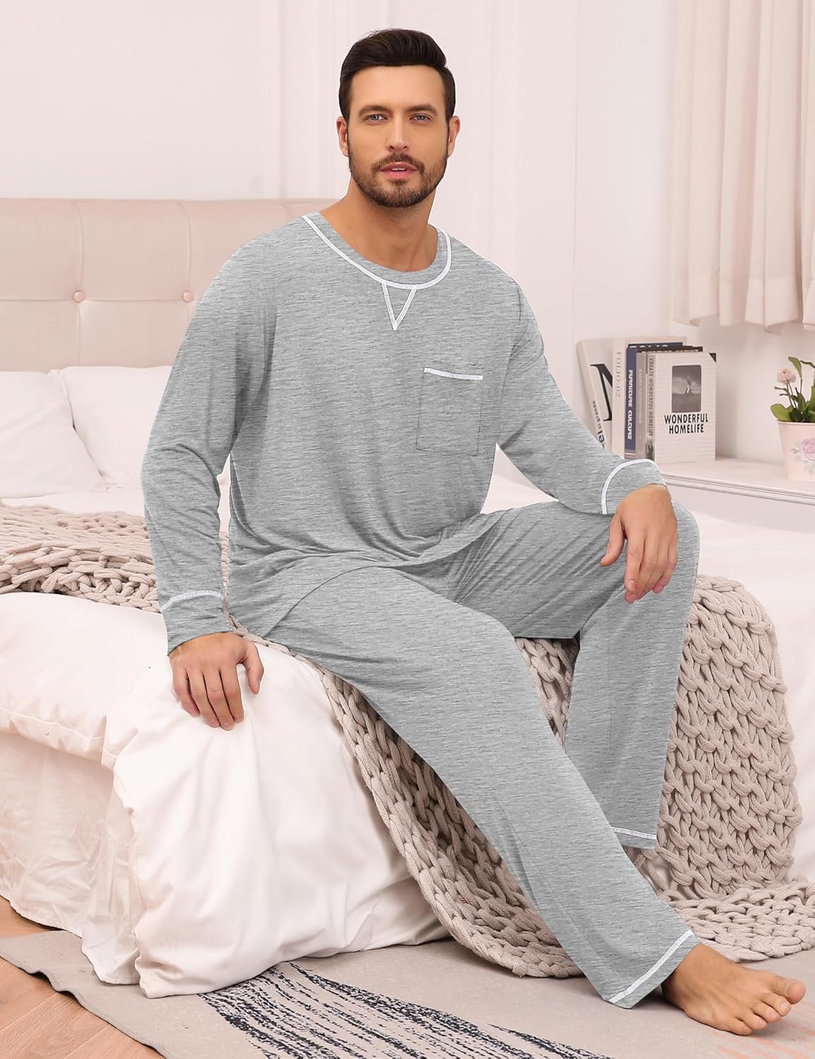 SWOMOG Mens Pajamas Set Modal Long Sleeve Sleepwear Crew Neck Pjs 2 Piece Loungewear Nightshirt Top & Pants with Pockets - Image 5
