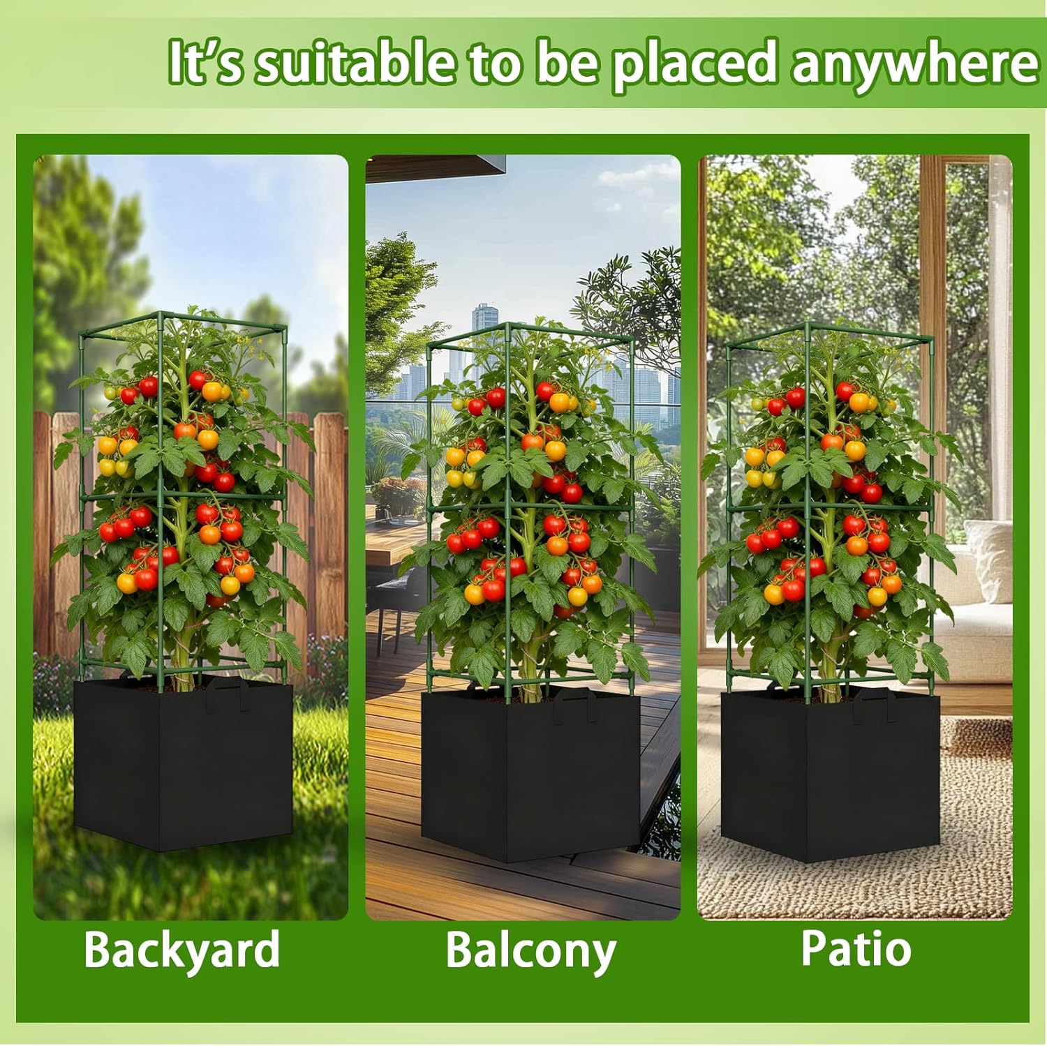 3 Pack Tomato Cages for Garden, 47in Tall Square Tomato Trellis with 15 Gallon Grow Bags, Plant Planter for Garden, Patio & Balcony, Metal Tomato Cage for Tomatoes Cucumbers Peas Climbing Plants