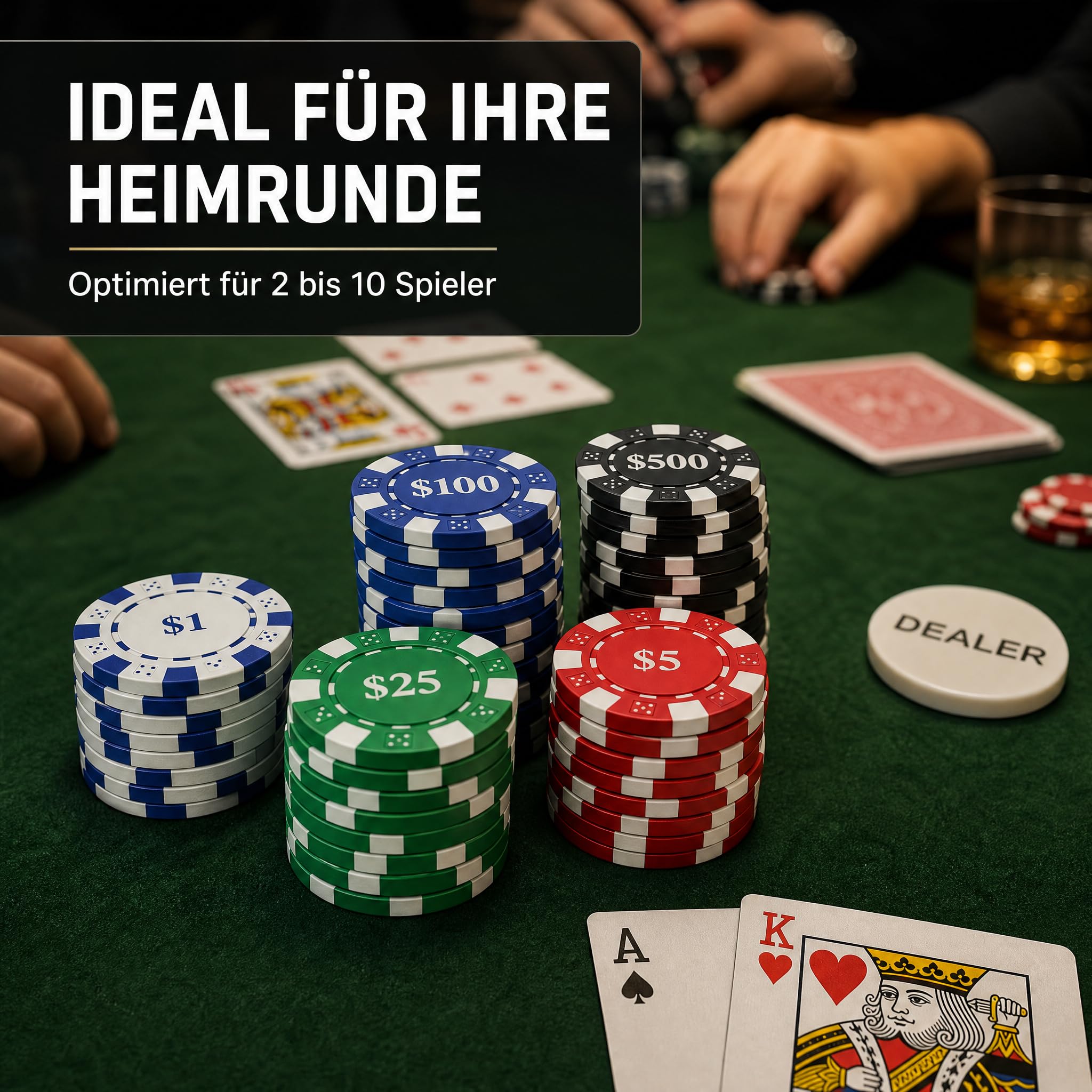 HEITOK Pokerkoffer 500 Stück – Premium Texas Holdem Set mit 11,5g Laser Chips & Alu-Koffer für 10 Spieler | Aluminiumkoffer mit Dealer und Blind Buttons, für 2-10 Spieler, Texas Holdem, organisierte Kartenrunden, zu Hause