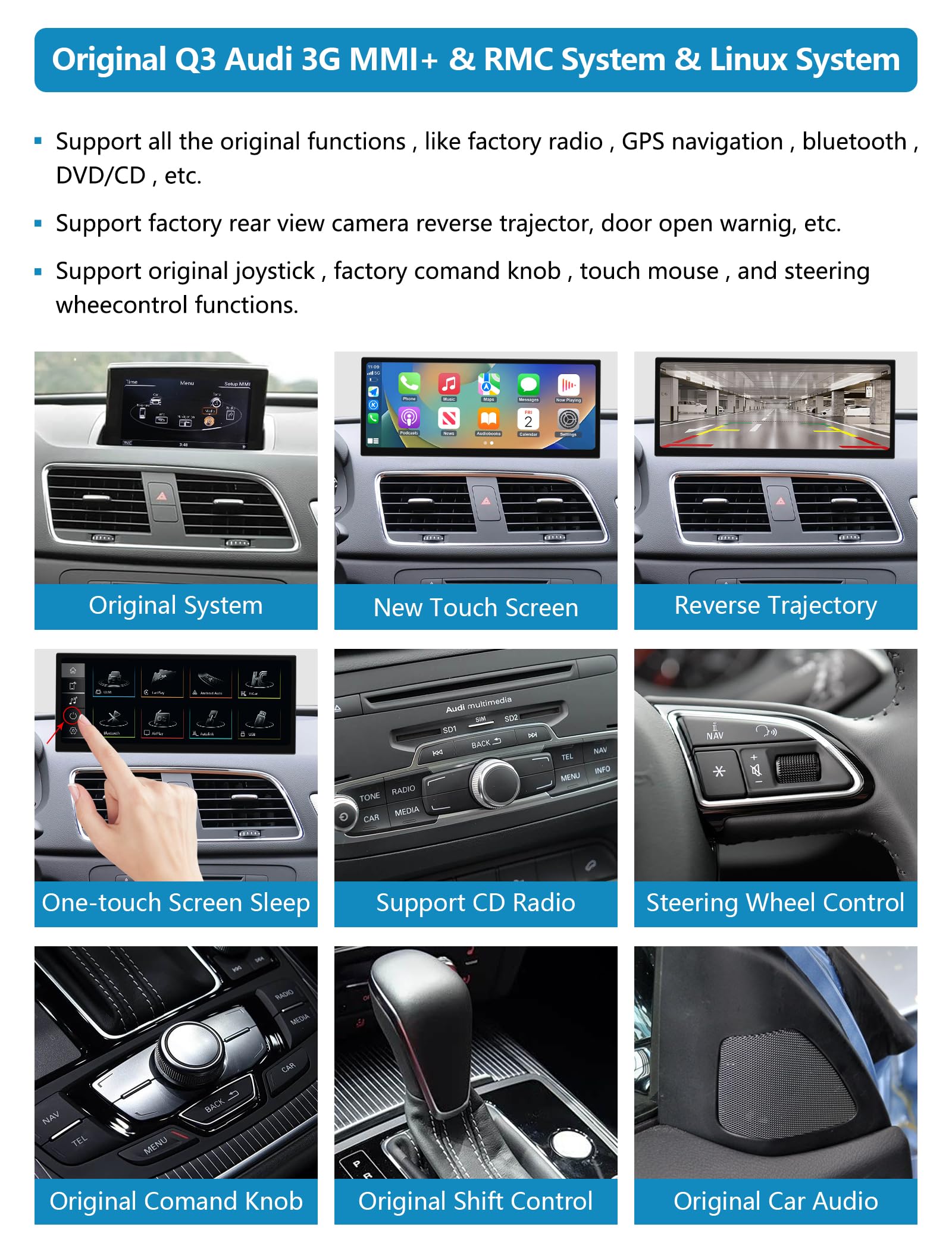 Autoradio touchscreen da 12,3 pollici con Carplay wireless e Android Auto per Audi Q3 2013-2018 con sistema 3G MMI/RMC, supporta Mirrorlink, telecamera, navigazione, Siri, musica